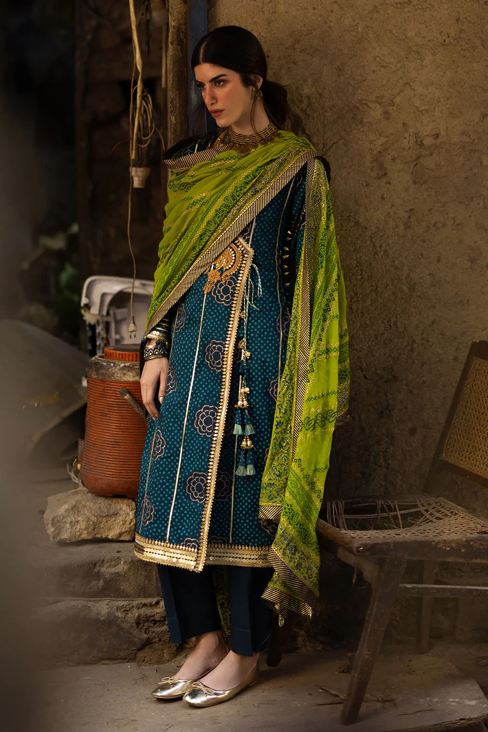 3 Piece Gold and Lacquer Printed Lawn Suit with Gold and Lacquer Printed Chiffon