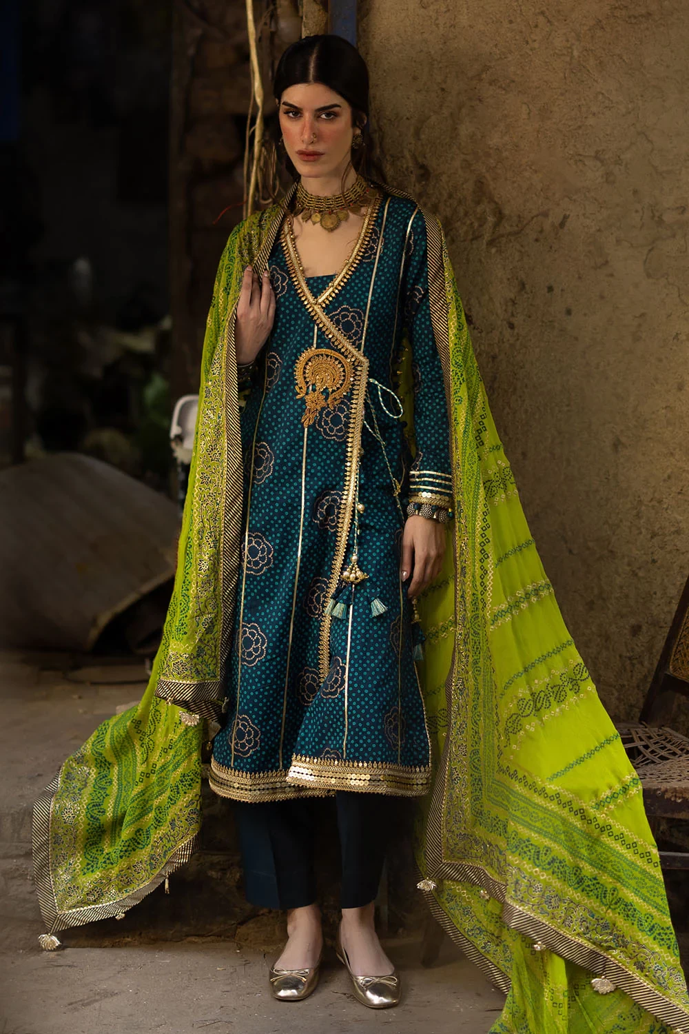 3 Piece Gold and Lacquer Printed Lawn Suit with Gold and Lacquer Printed Chiffon