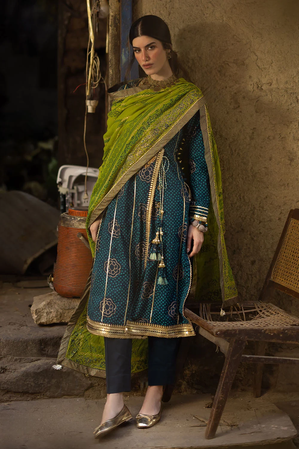 3 Piece Gold and Lacquer Printed Lawn Suit with Gold and Lacquer Printed Chiffon