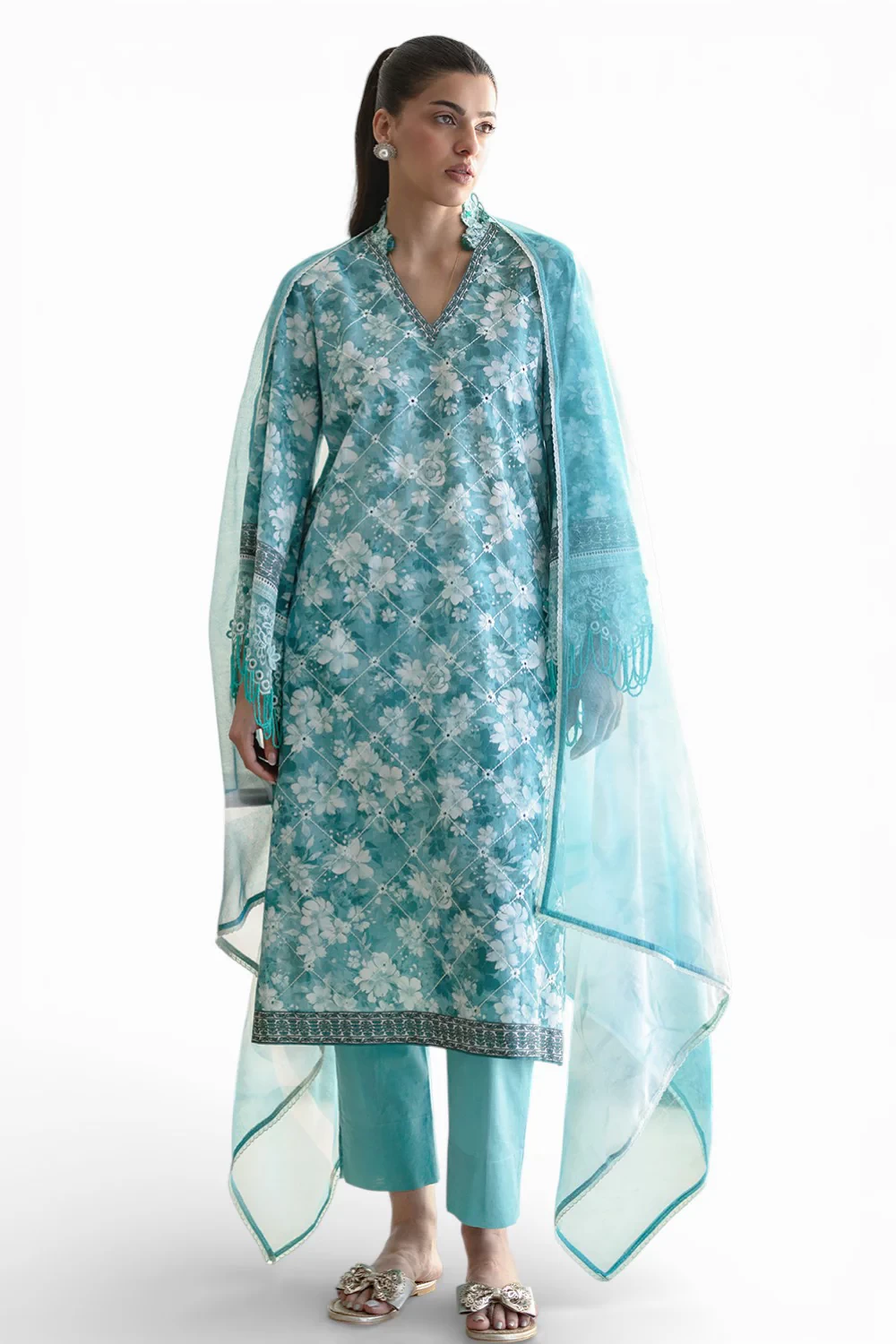3 Piece Embroidered Printed Lawn Suit with Cotton Net Dupatta and Borders CN-620