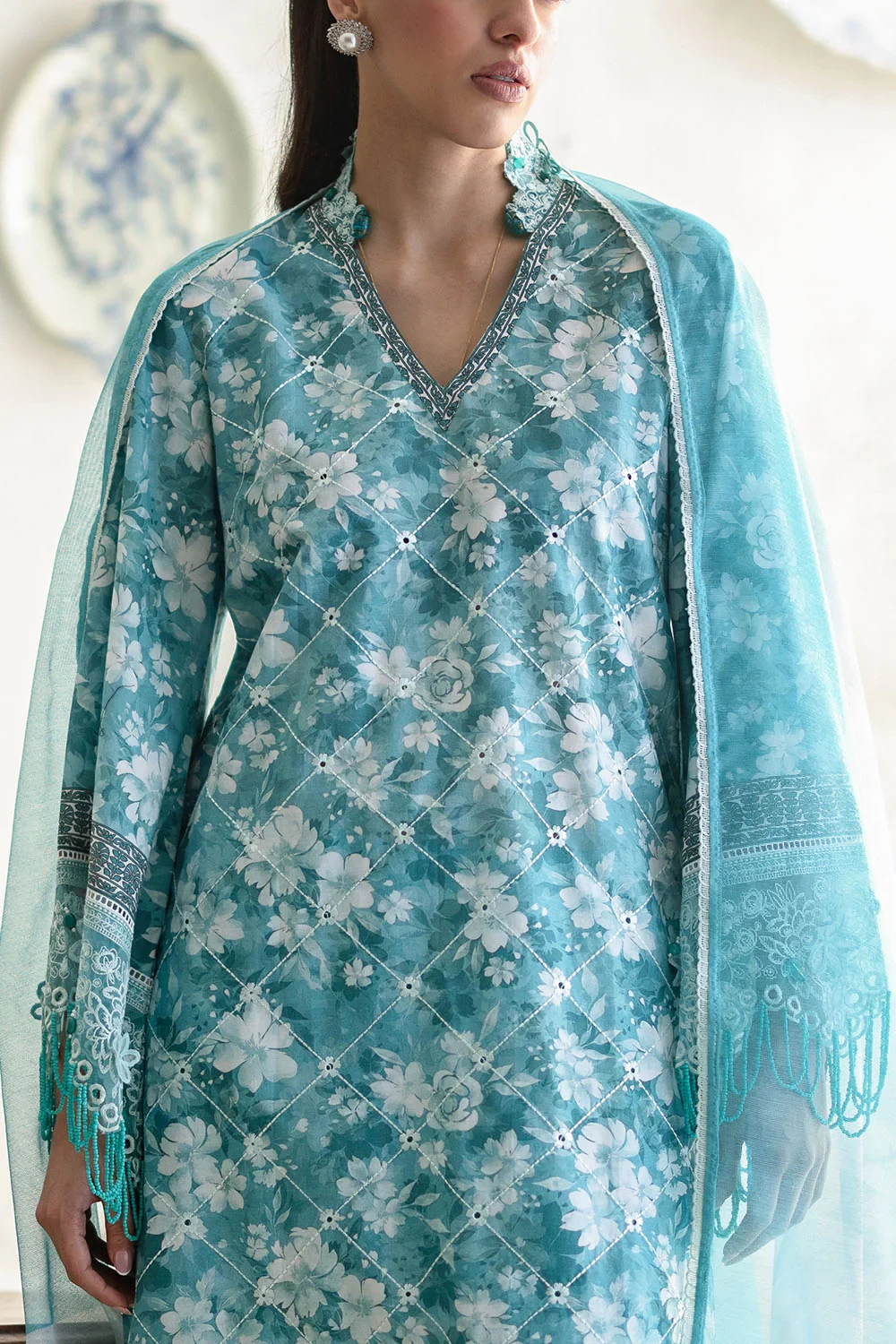 3 Piece Embroidered Printed Lawn Suit with Cotton Net Dupatta and Borders CN-620