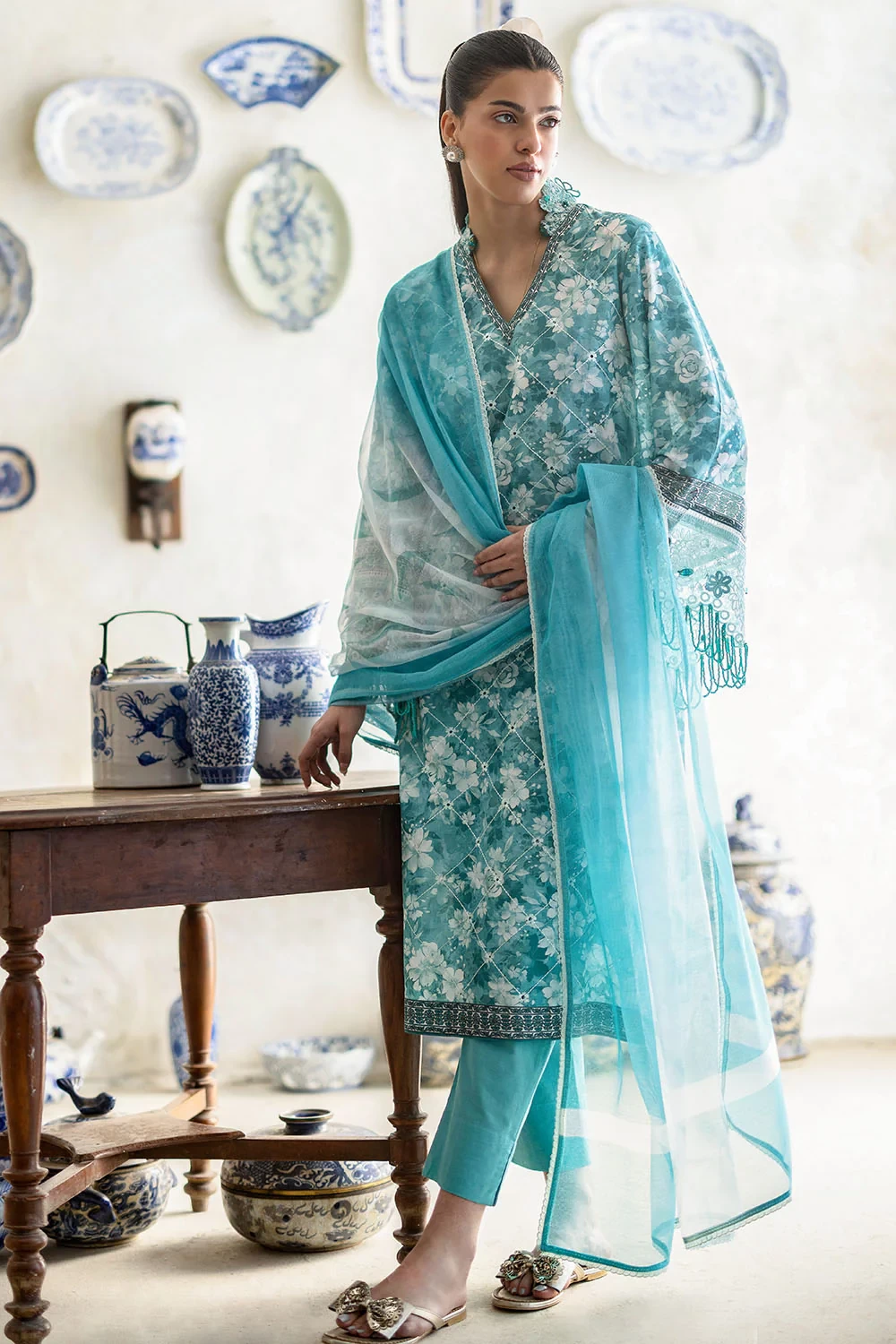 3 Piece Embroidered Printed Lawn Suit with Cotton Net Dupatta and Borders CN-620