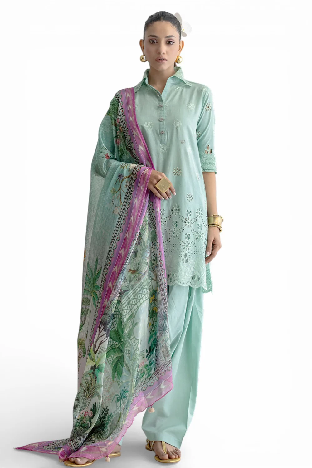 3 Piece Schiffli Embroidered Lawn Suit with Silk Dupatta S-62013 - W-FB-FS-26-45