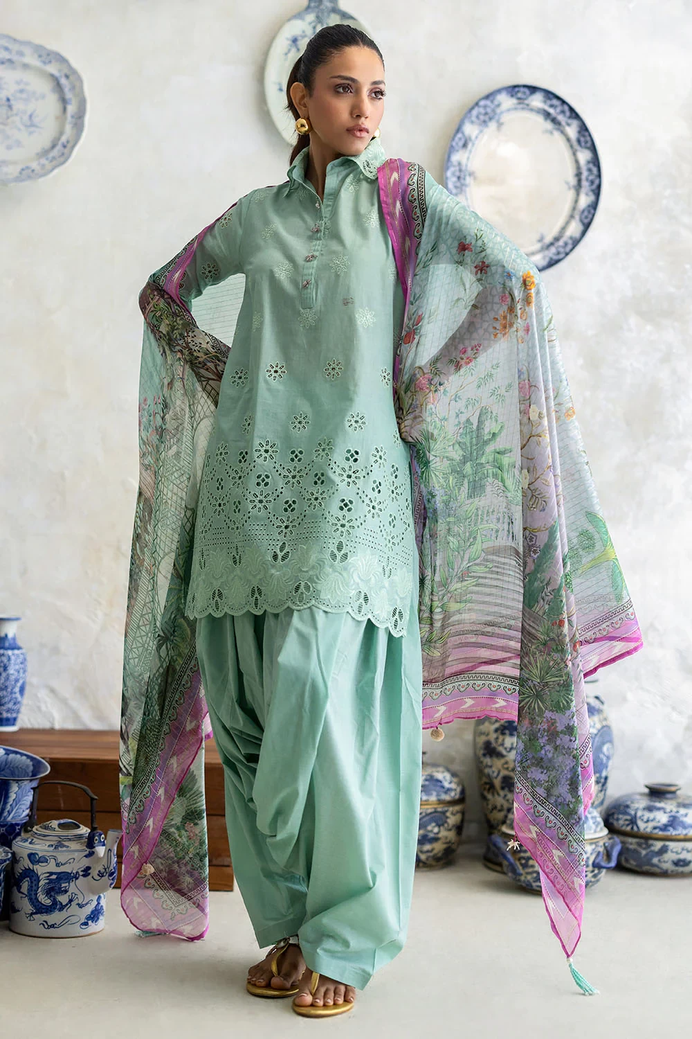 3 Piece Schiffli Embroidered Lawn Suit with Silk Dupatta S-62013 - W-FB-FS-26-45