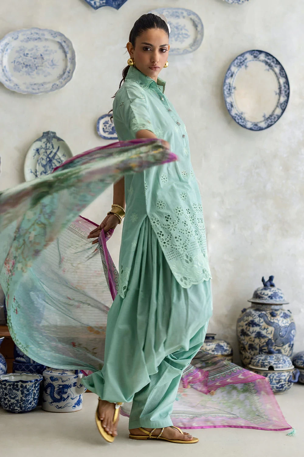 3 Piece Schiffli Embroidered Lawn Suit with Silk Dupatta S-62013 - W-FB-FS-26-45