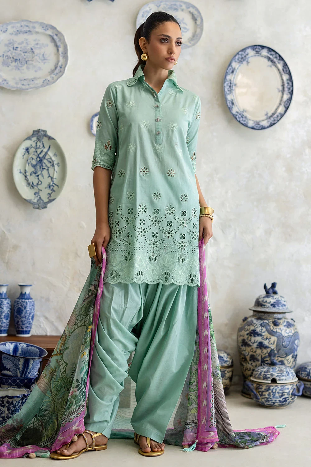 3 Piece Schiffli Embroidered Lawn Suit with Silk Dupatta S-62013 - W-FB-FS-26-45