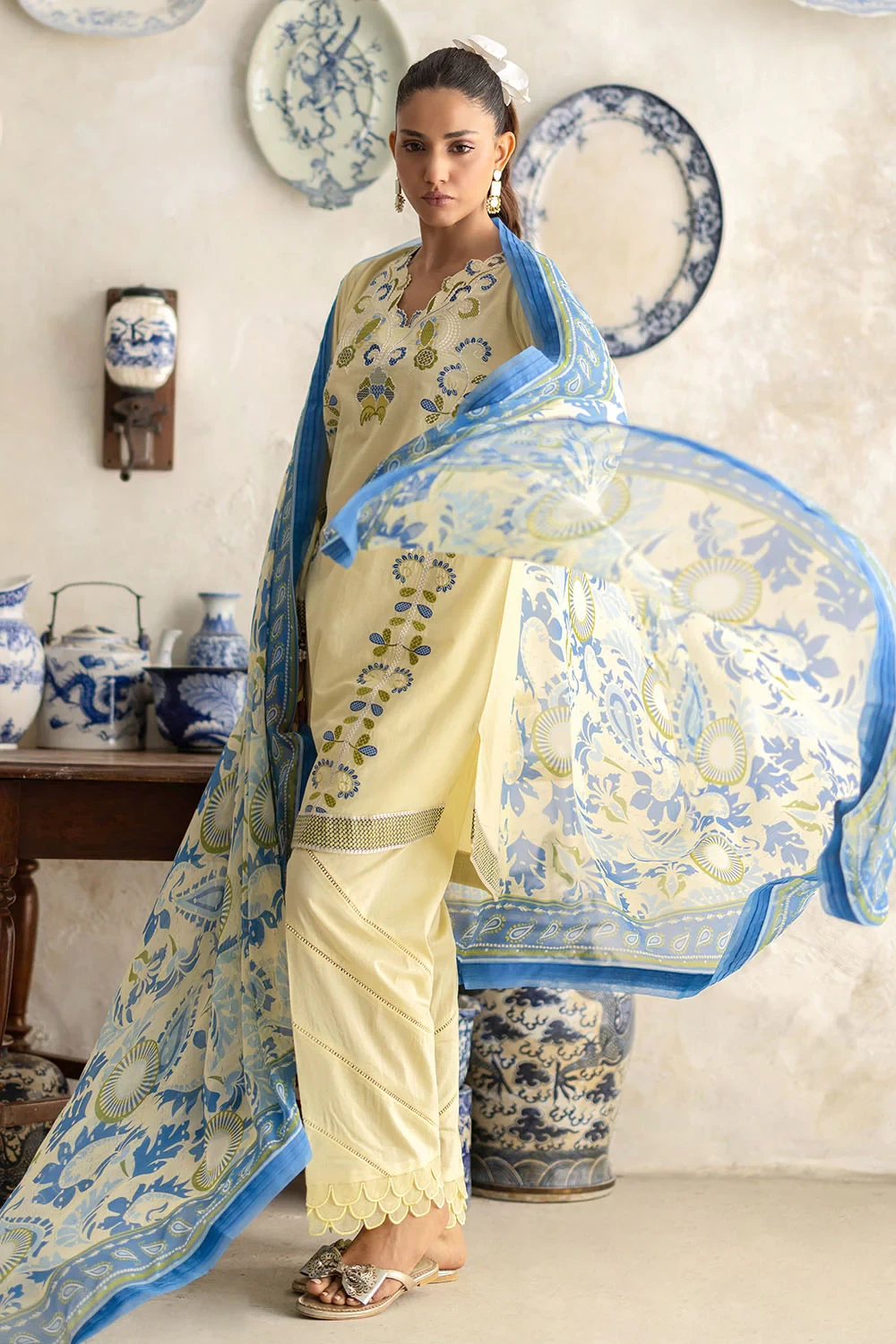 3 Piece Embroidered Lawn Suit with Chiffon Dupatta and Borders BM-62005 - W-FB-F