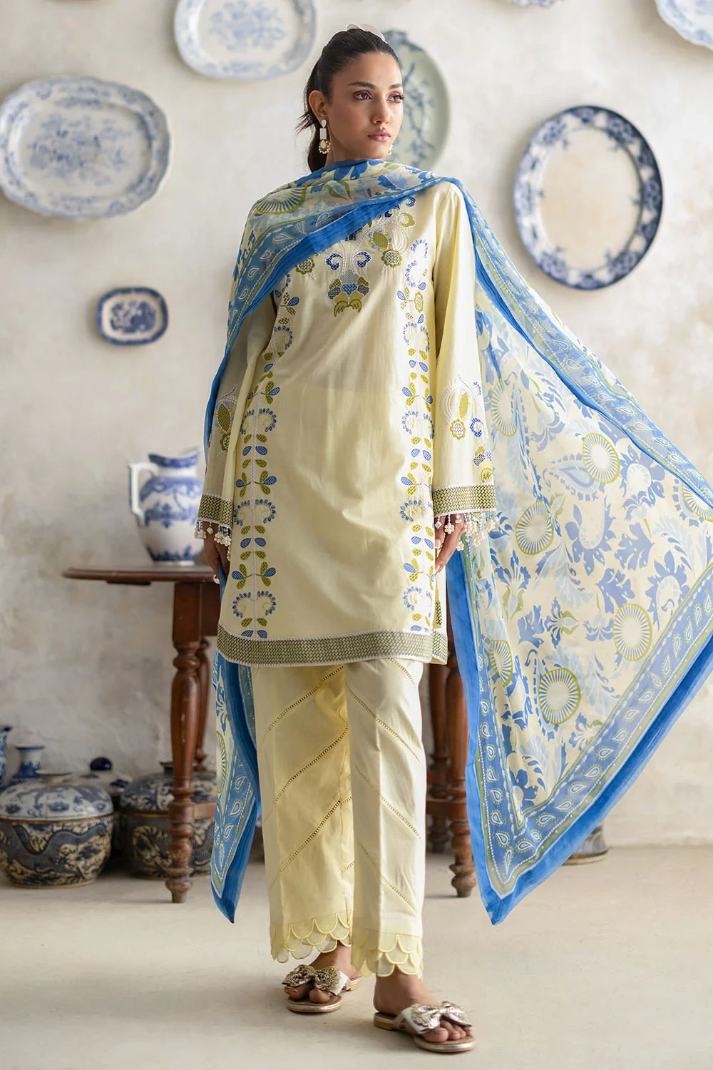 3 Piece Embroidered Lawn Suit with Chiffon Dupatta and Borders BM-62005 - W-FB-F