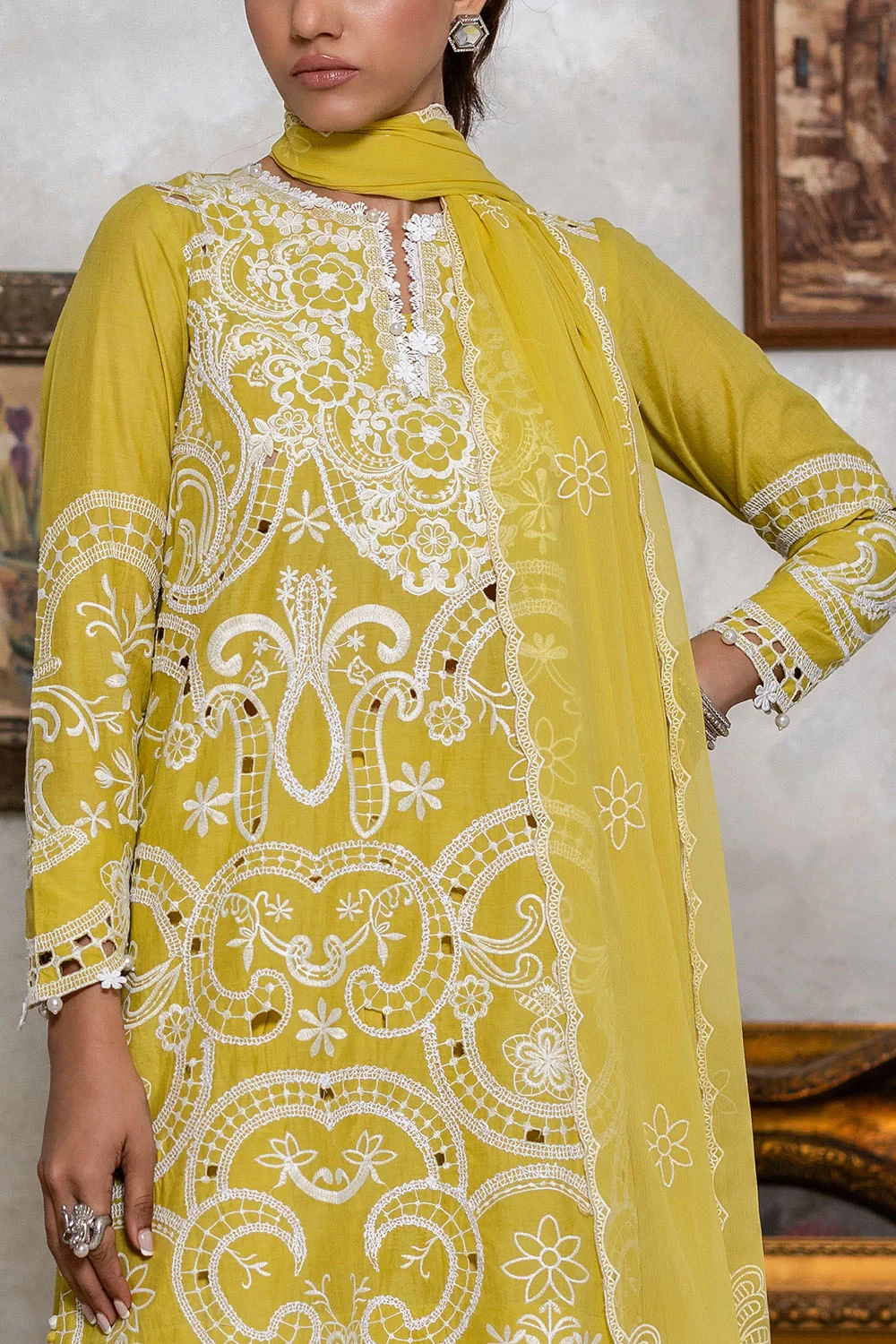 3 Piece Embroidered Lawn Suit with Lacquer Printed Chiffon Dupatta BM-62019 -  W