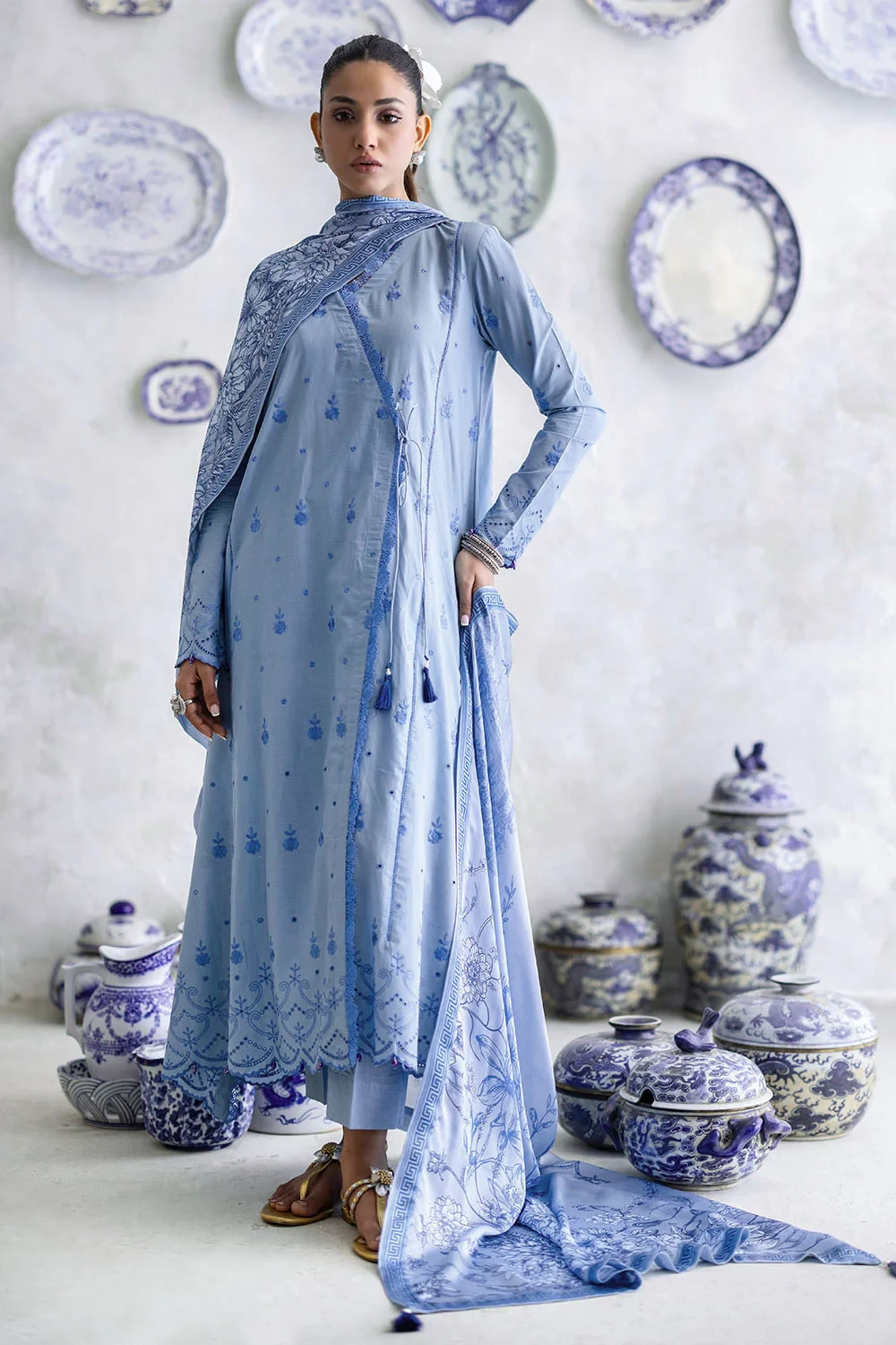 3 Piece Schiffli Embroidered Lawn Suit with Silk Dupatta S-62012 - W-FB-FS-26-45