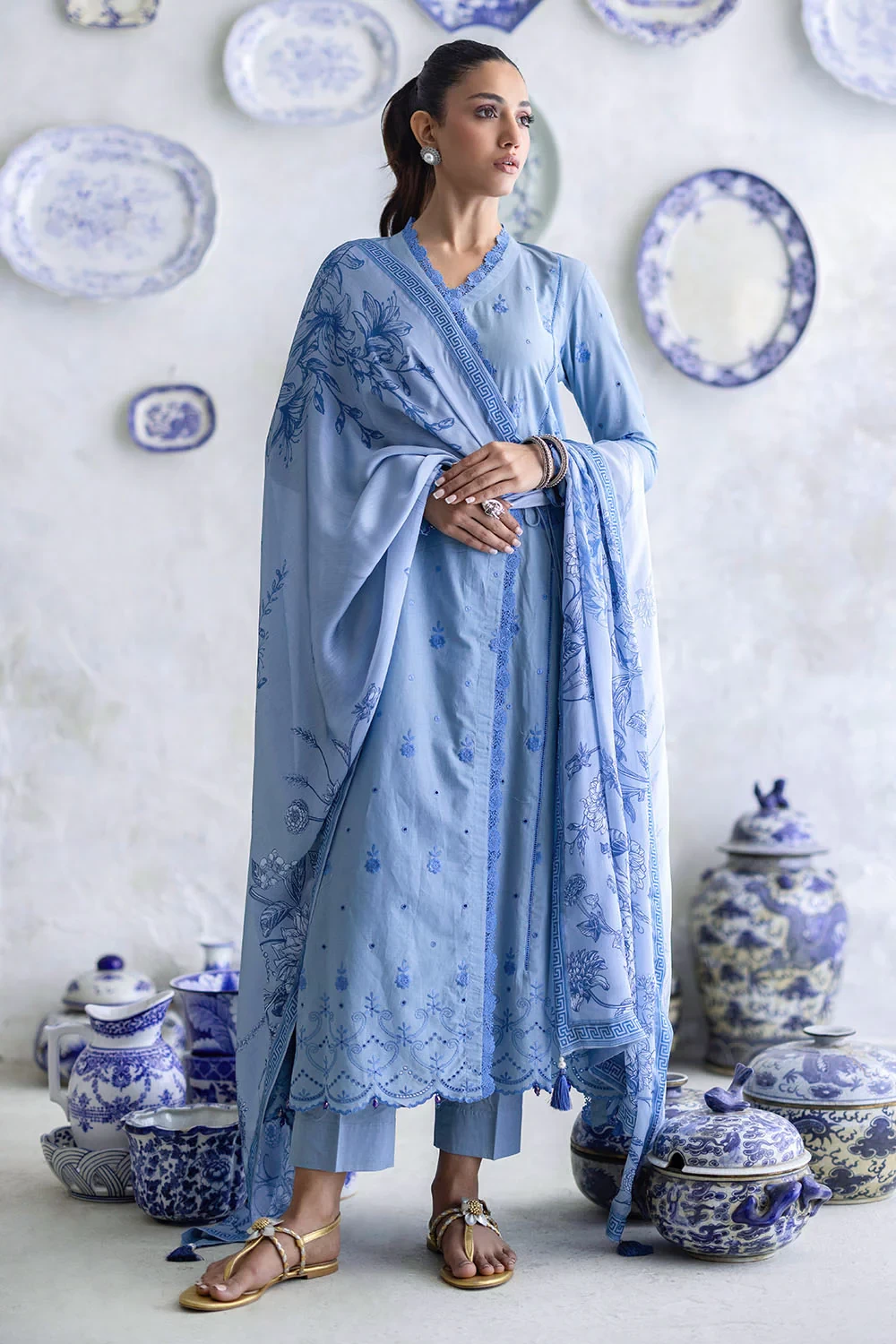 3 Piece Schiffli Embroidered Lawn Suit with Silk Dupatta S-62012 - W-FB-FS-26-45