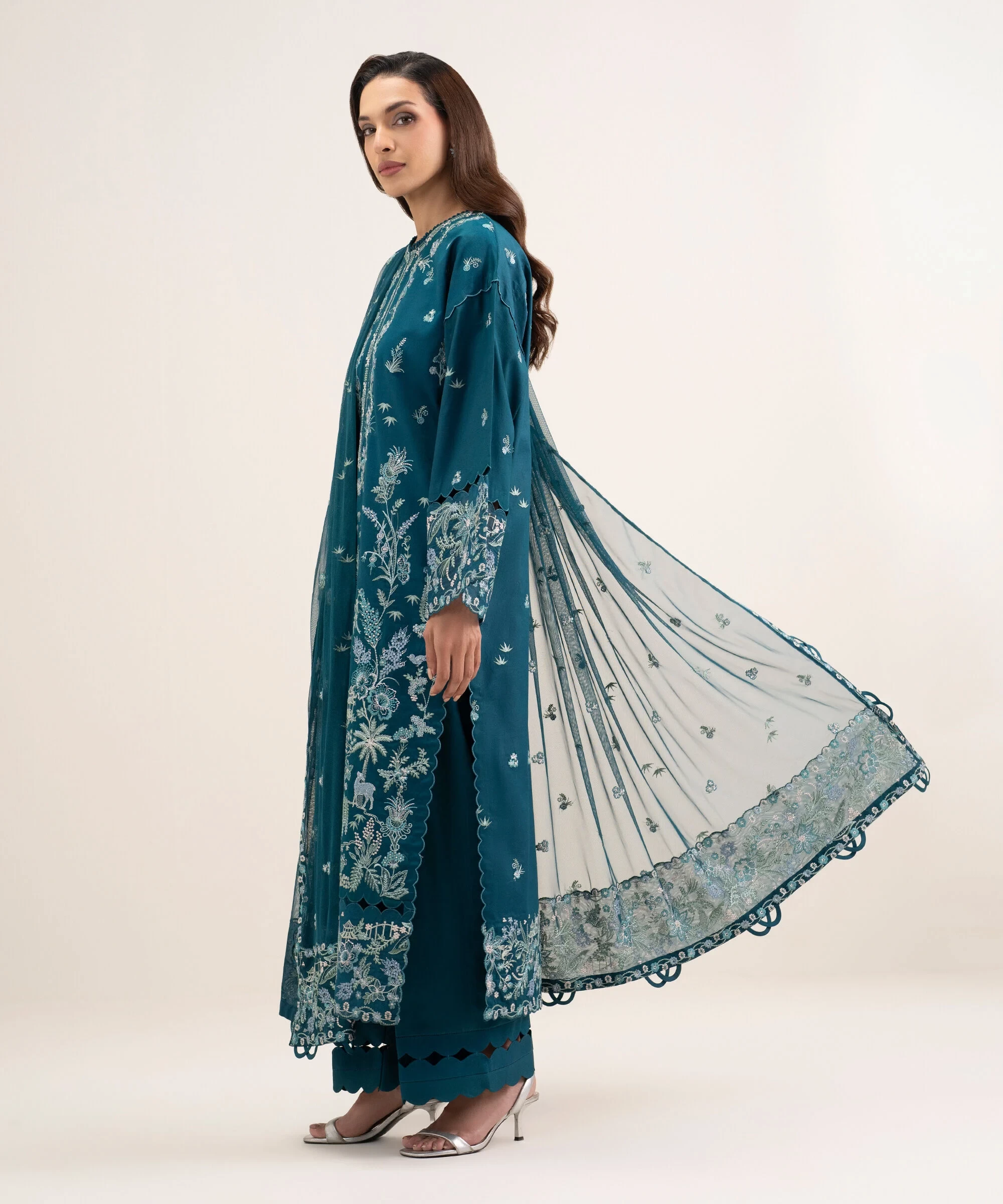 3 Piece Embroidered Cotton Satin Suit - U3FEBUS26V13