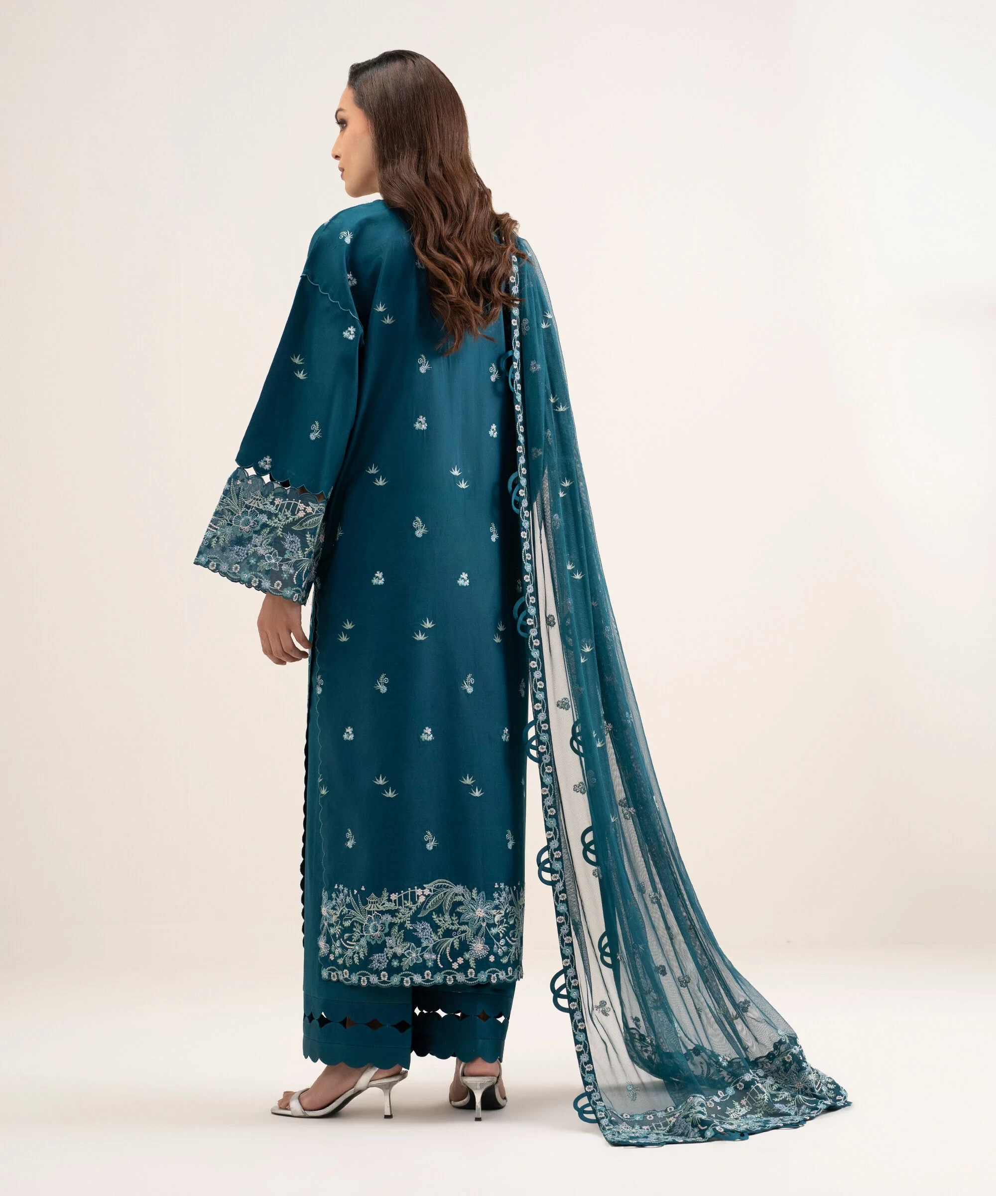 3 Piece Embroidered Cotton Satin Suit - U3FEBUS26V13