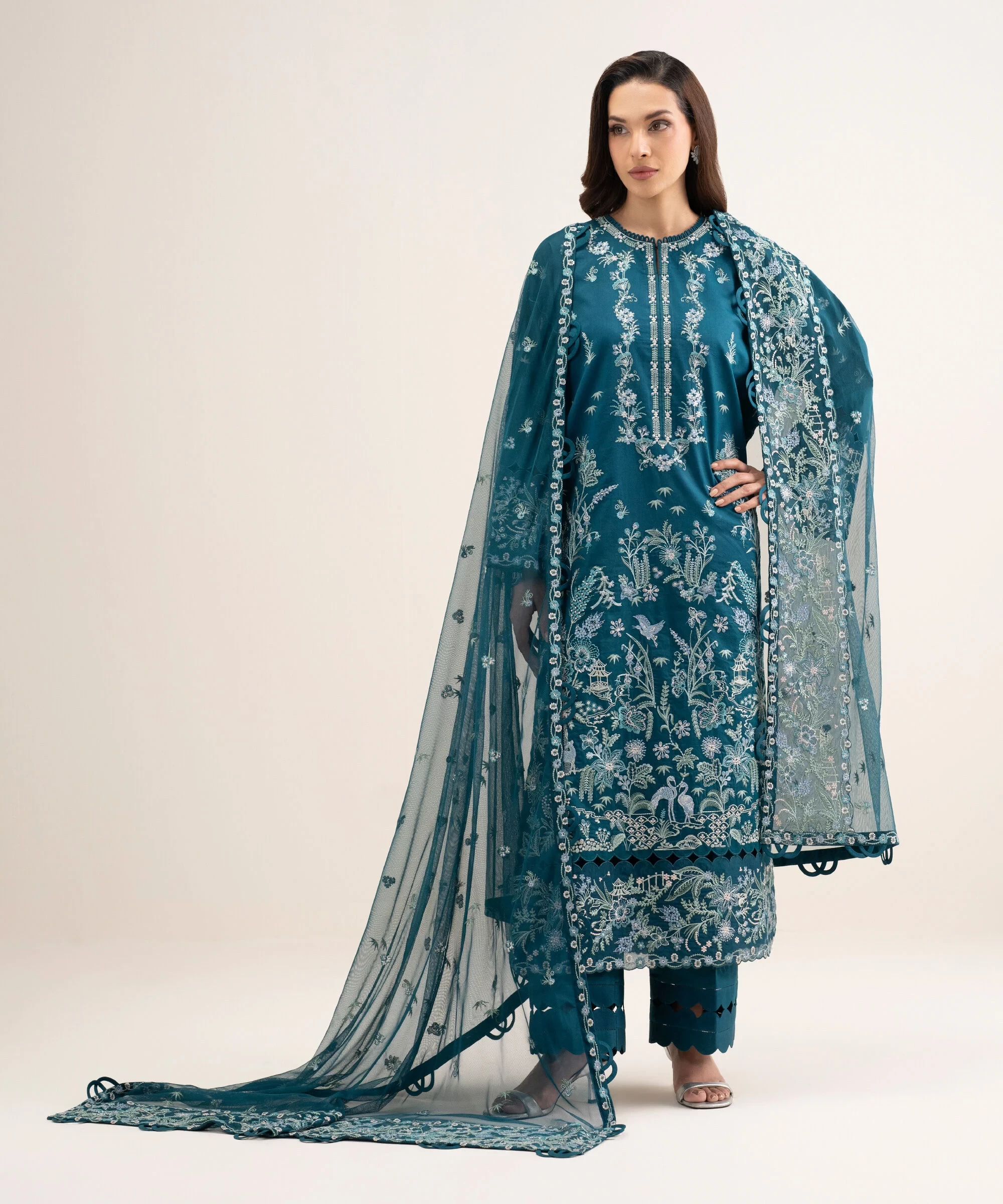3 Piece Embroidered Cotton Satin Suit - U3FEBUS26V13