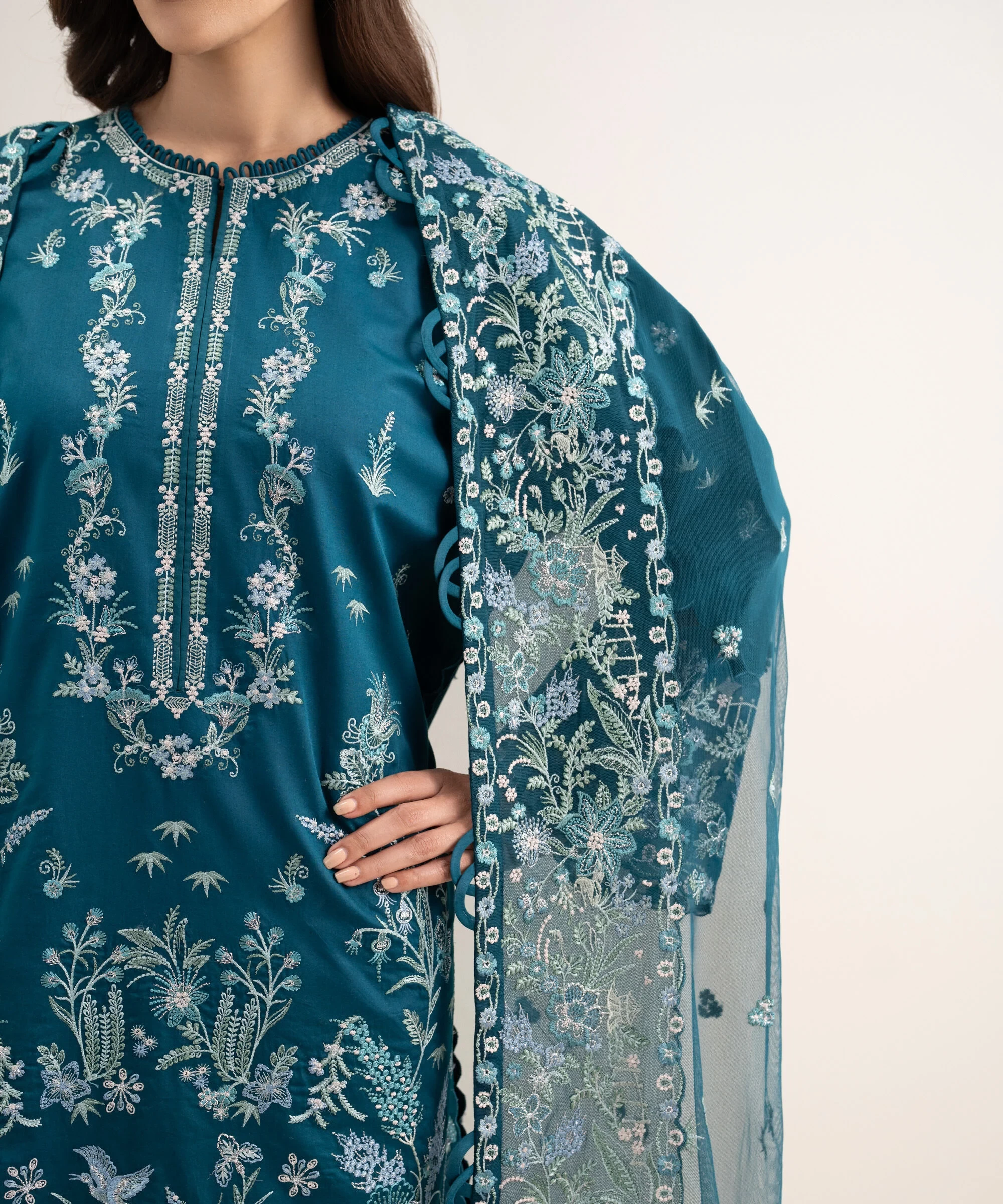 3 Piece Embroidered Cotton Satin Suit - U3FEBUS26V13