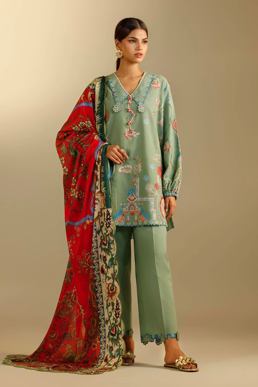 Embroidered 3 Piece Muzlin Suit - M262-015A-CL