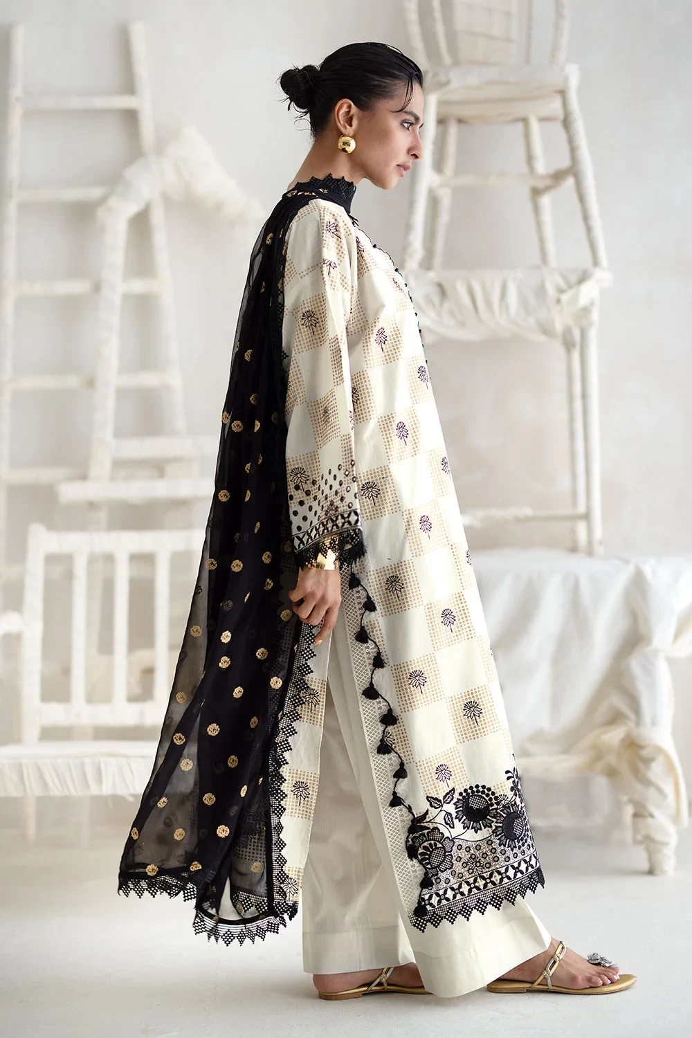 3 Piece Embroidered Gold Printed Dobby Cotton Slub Suit - W-FB-LC-26-477273