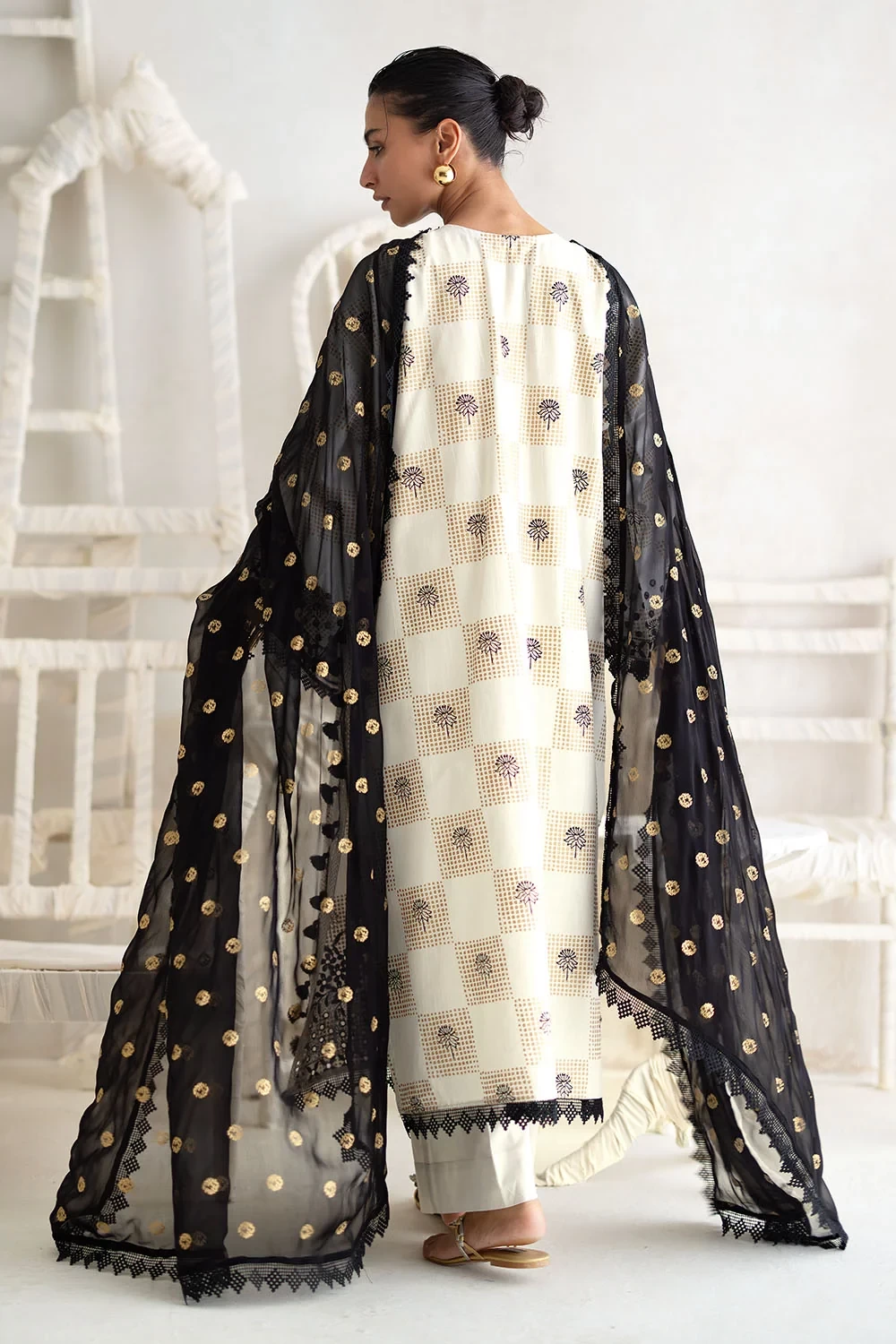 3 Piece Embroidered Gold Printed Dobby Cotton Slub Suit - W-FB-LC-26-477273