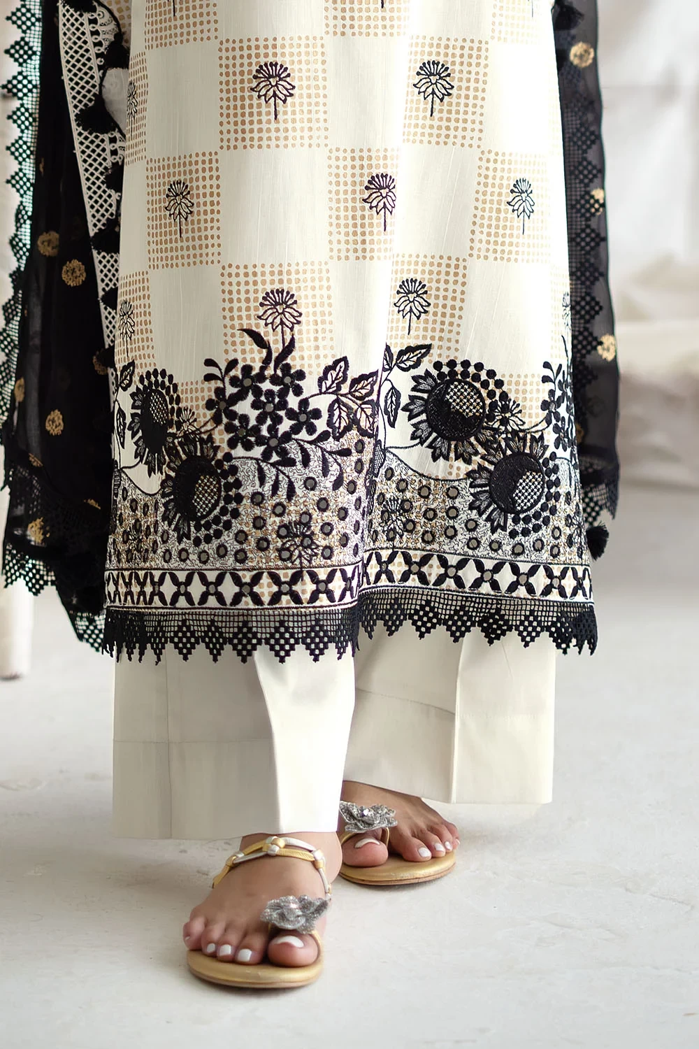3 Piece Embroidered Gold Printed Dobby Cotton Slub Suit - W-FB-LC-26-477273