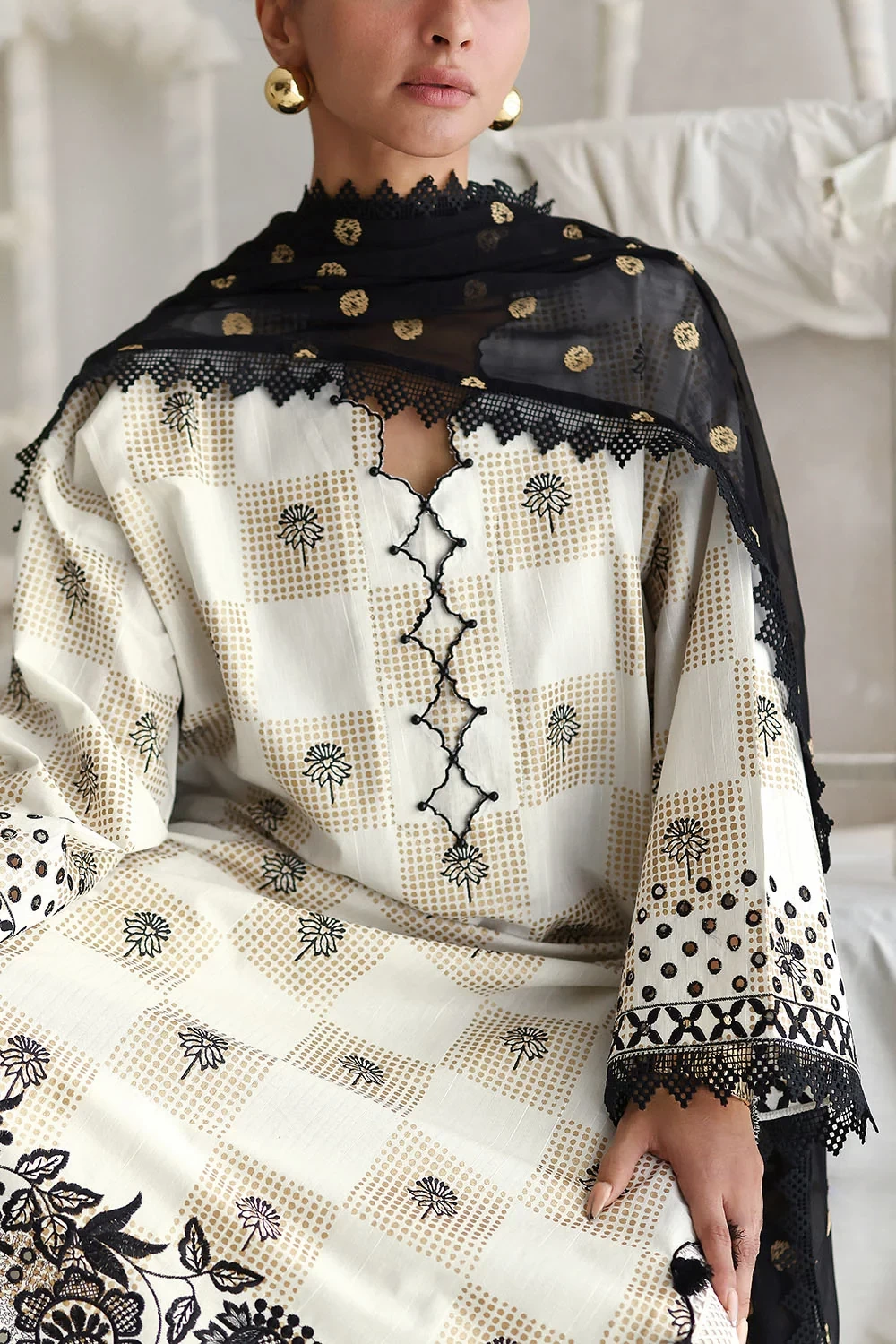 3 Piece Embroidered Gold Printed Dobby Cotton Slub Suit - W-FB-LC-26-477273