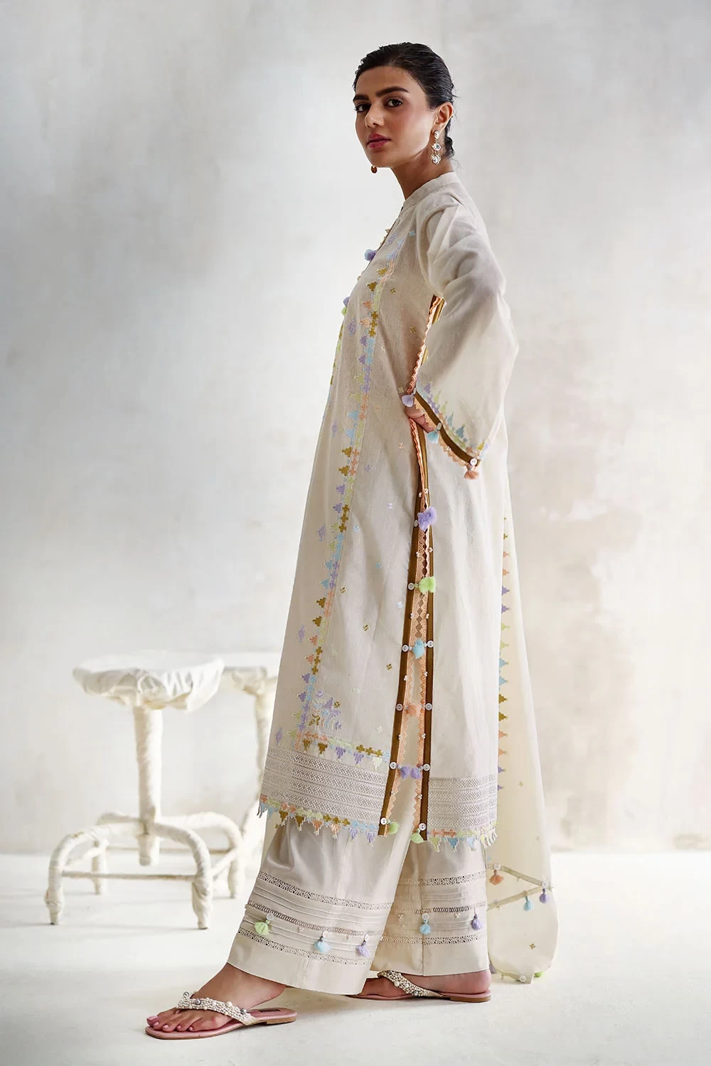 3 Piece Embroidered Cotton Nylon Suit - W-FB-LC-26-477274