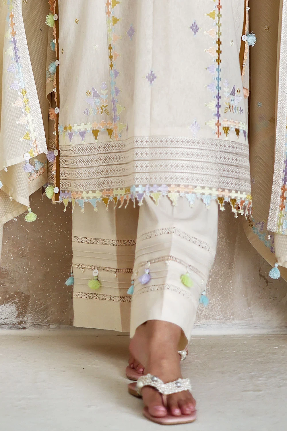 3 Piece Embroidered Cotton Nylon Suit - W-FB-LC-26-477274