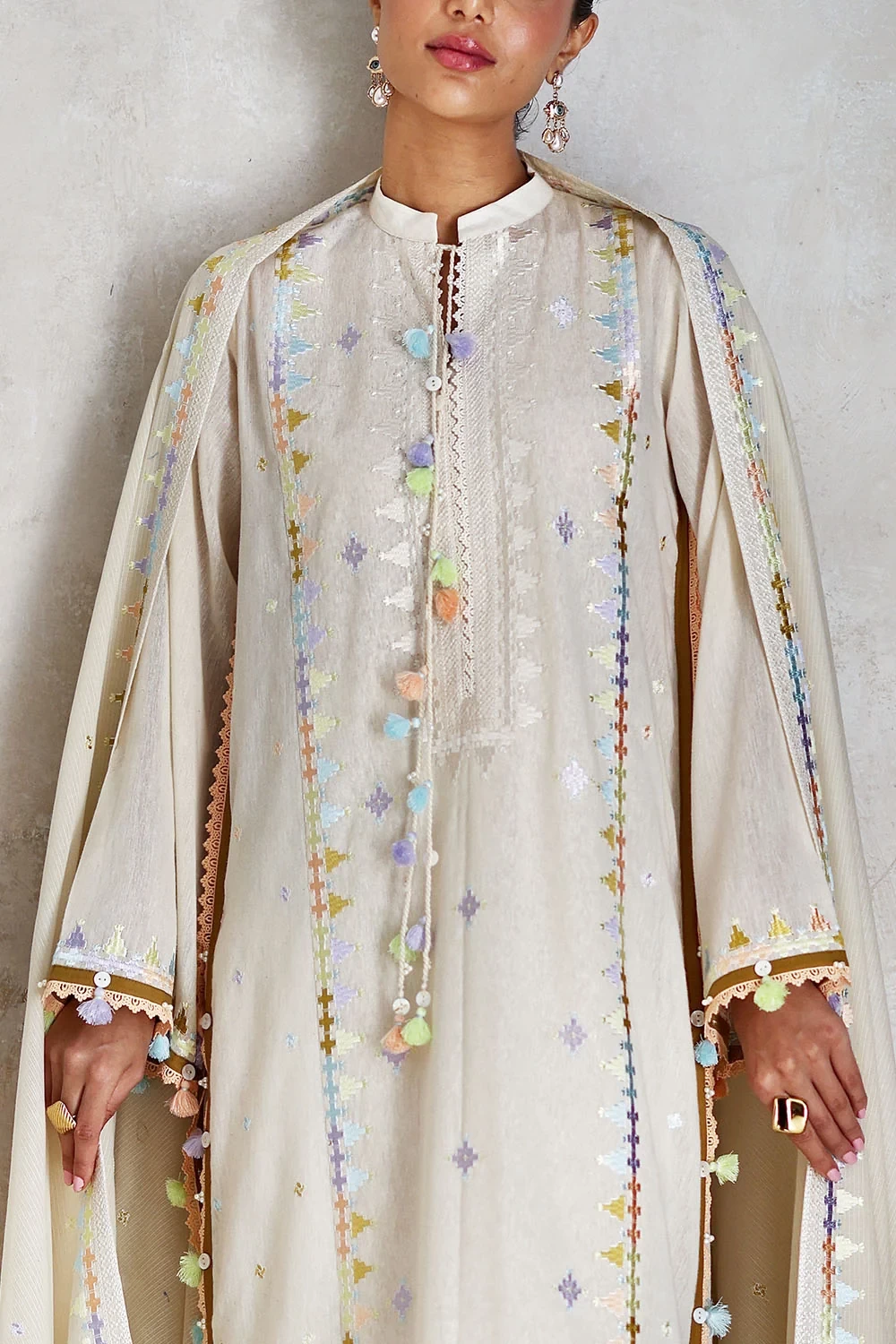 3 Piece Embroidered Cotton Nylon Suit - W-FB-LC-26-477274
