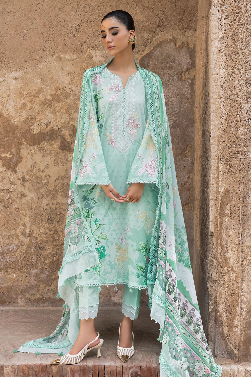 3 Piece Printed Lawn Suit with Printed Chiffon Dupatta and Embroidered Neckline 