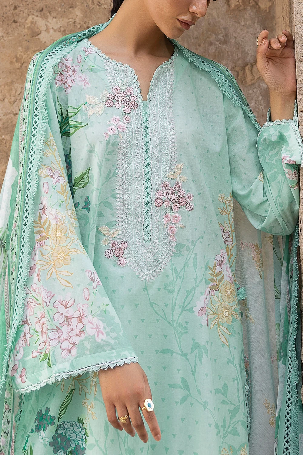 3 Piece Printed Lawn Suit with Printed Chiffon Dupatta and Embroidered Neckline 