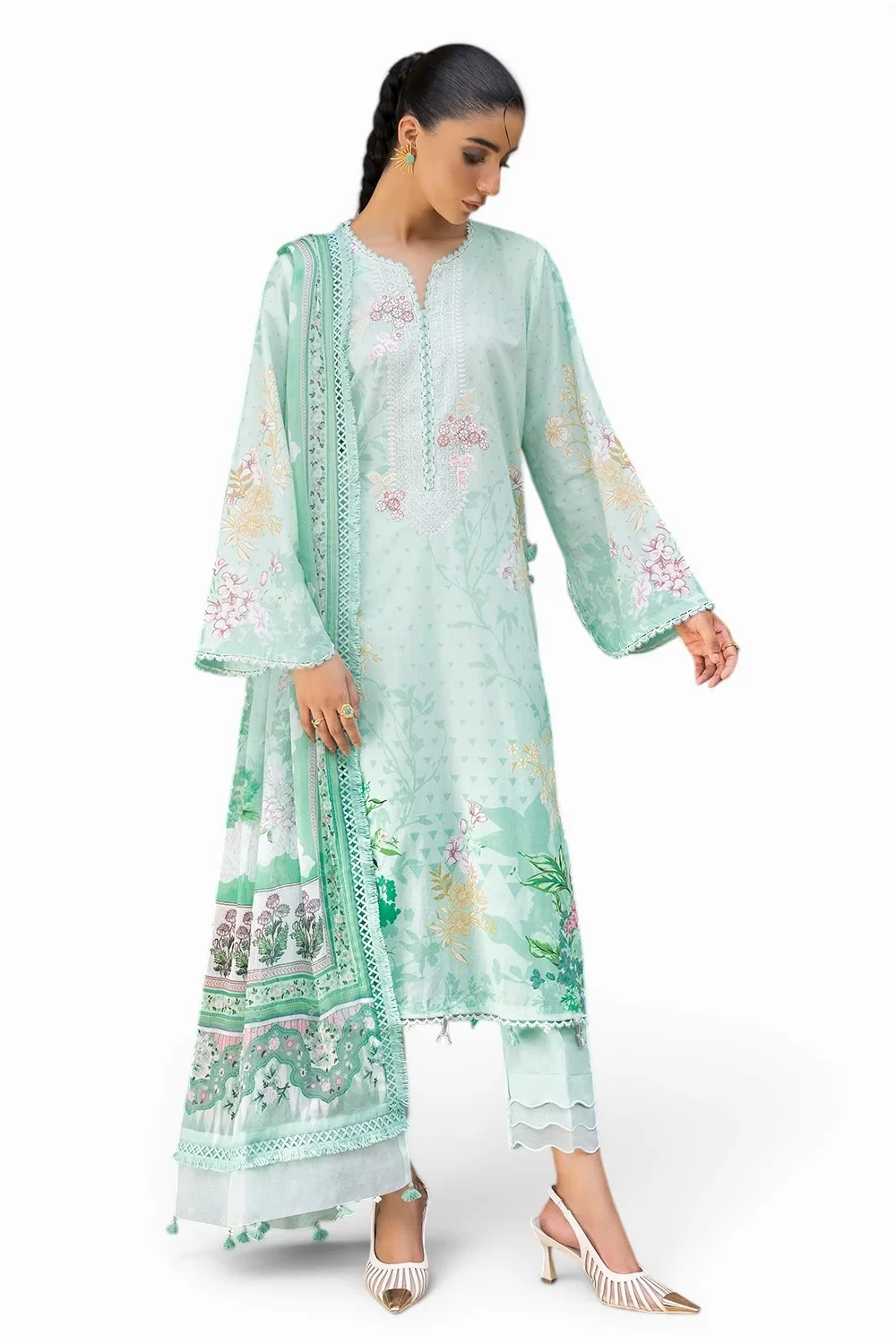 3 Piece Printed Lawn Suit with Printed Chiffon Dupatta and Embroidered Neckline 
