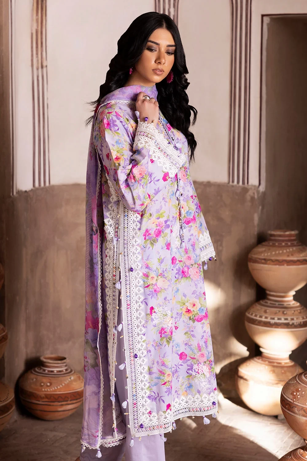 3 Piece Embroidered Printed Lawn Suit with Printed Chiffon Dupatta and Lace - BM