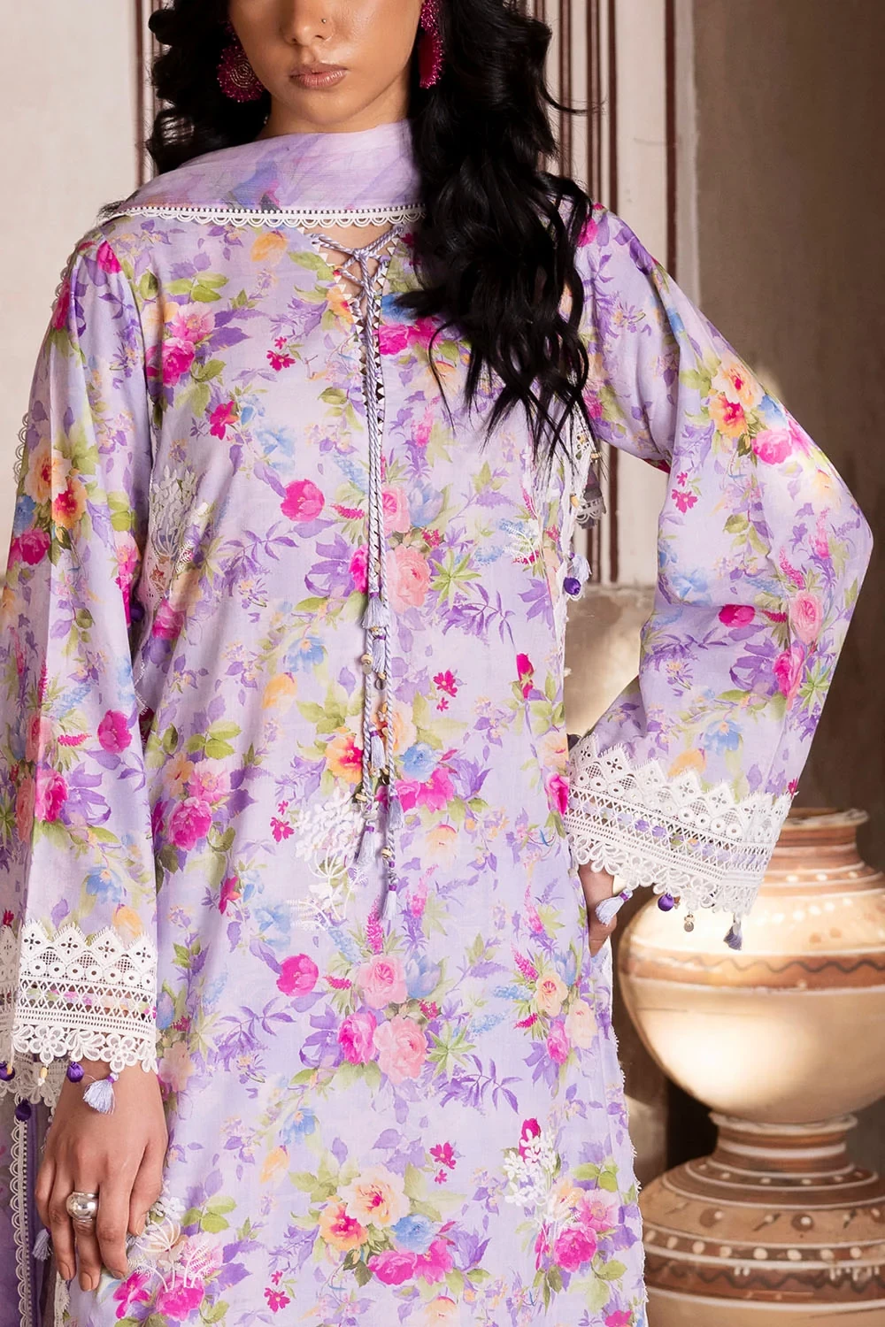 3 Piece Embroidered Printed Lawn Suit with Printed Chiffon Dupatta and Lace - BM