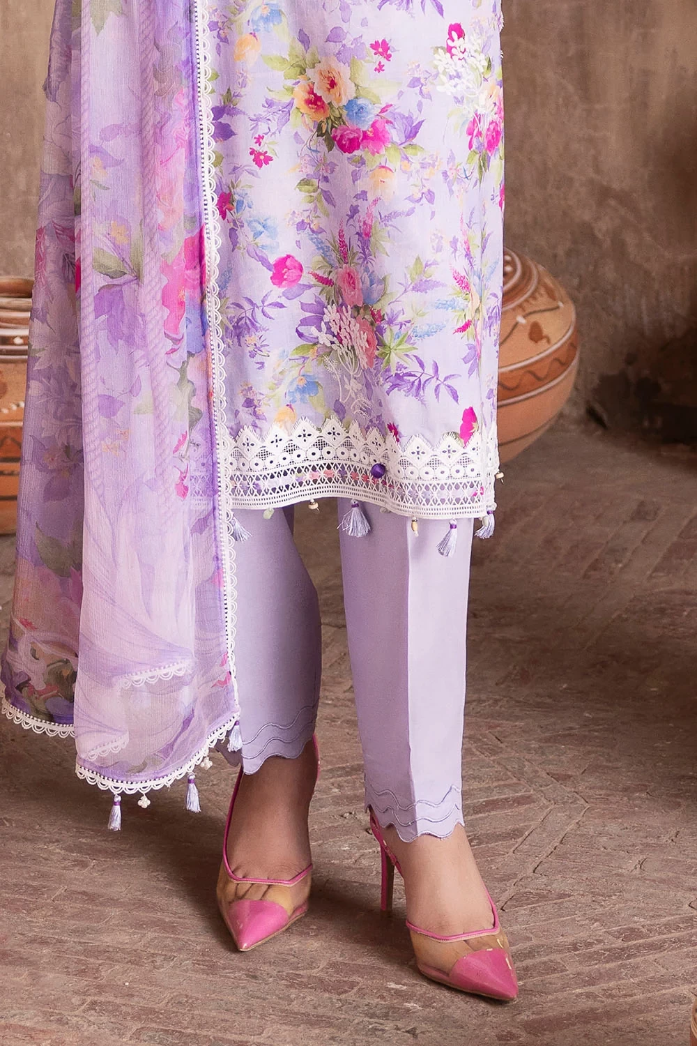 3 Piece Embroidered Printed Lawn Suit with Printed Chiffon Dupatta and Lace - BM