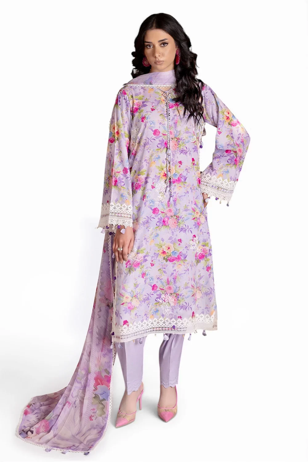 3 Piece Embroidered Printed Lawn Suit with Printed Chiffon Dupatta and Lace - BM