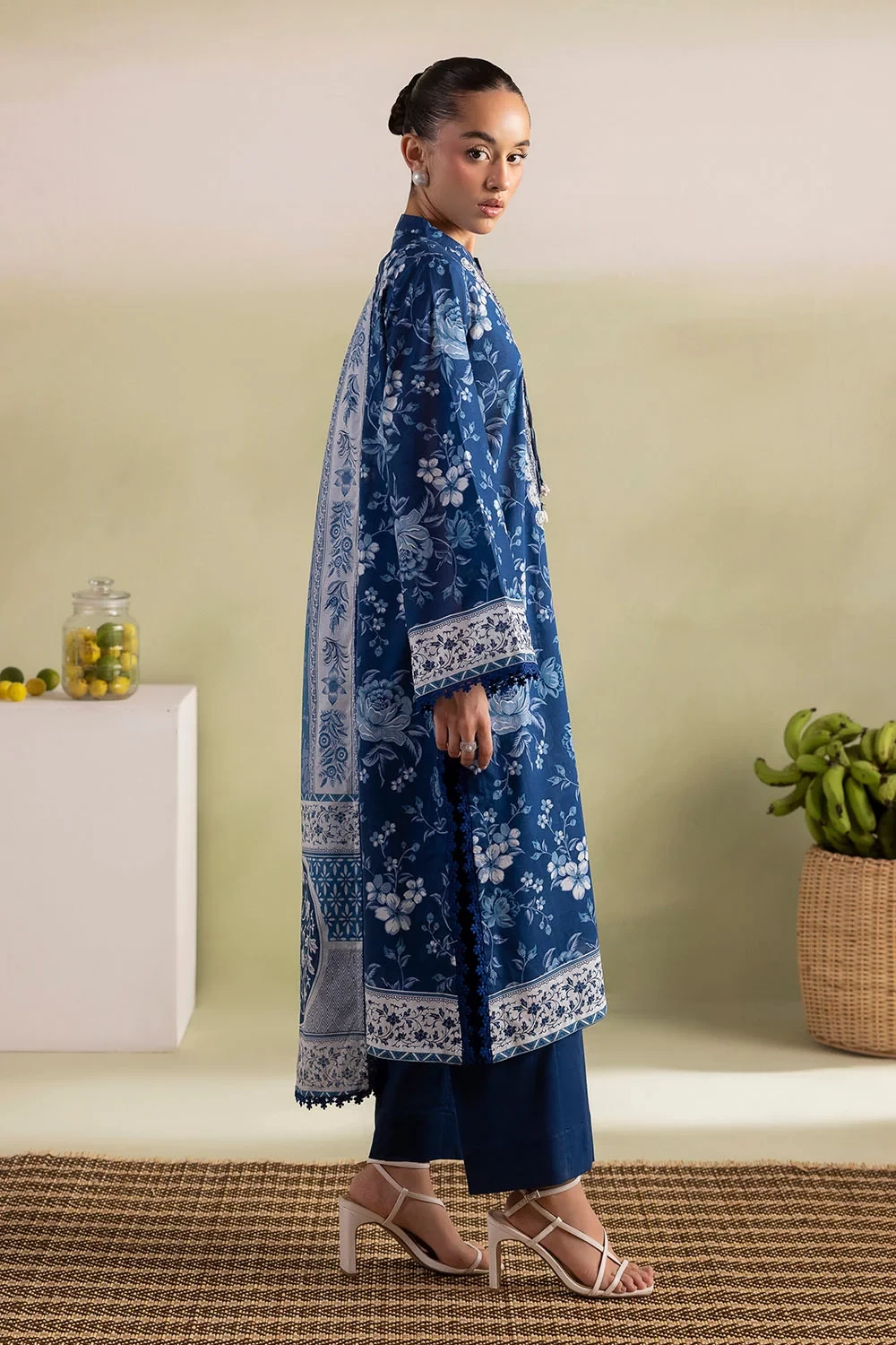 3 Piece Printed Lawn Suit with Embroidered Neckline and Printed Lawn Dupatta - C