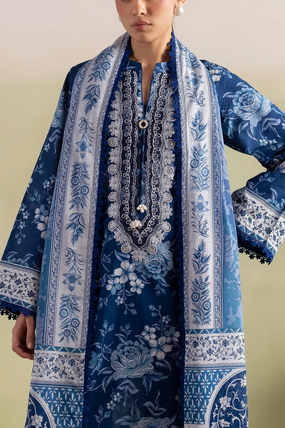 3 Piece Printed Lawn Suit with Embroidered Neckline and Printed Lawn Dupatta - C