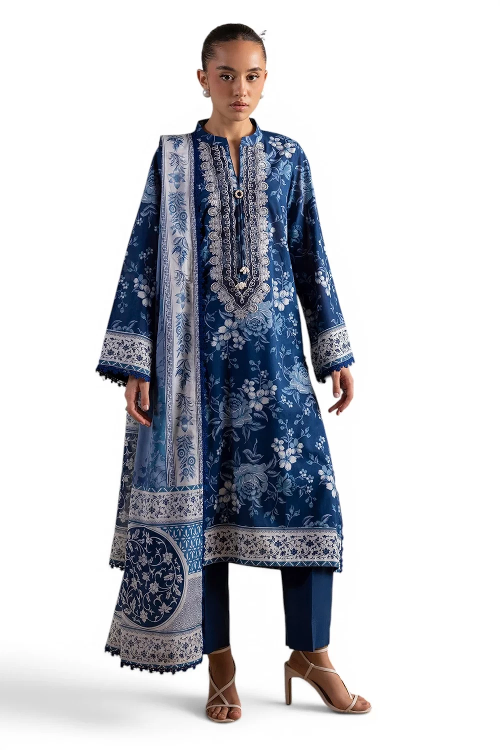 3 Piece Printed Lawn Suit with Embroidered Neckline and Printed Lawn Dupatta - C