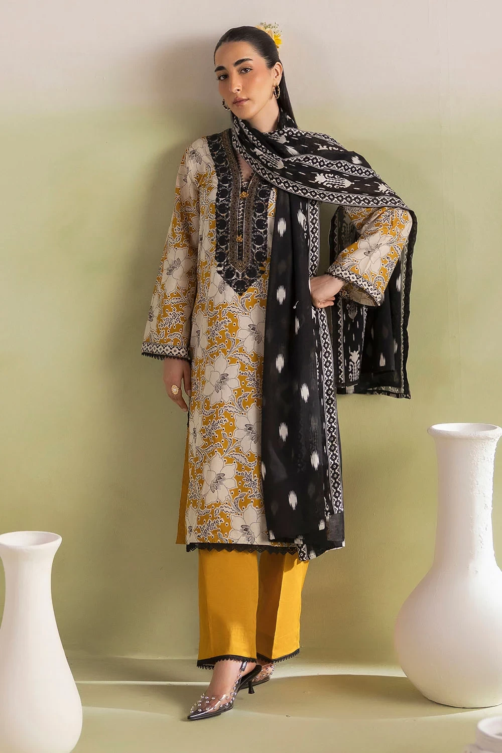 3 Piece Printed Lawn Suit with Embroidered Neckline and Printed Lawn Dupatta - C