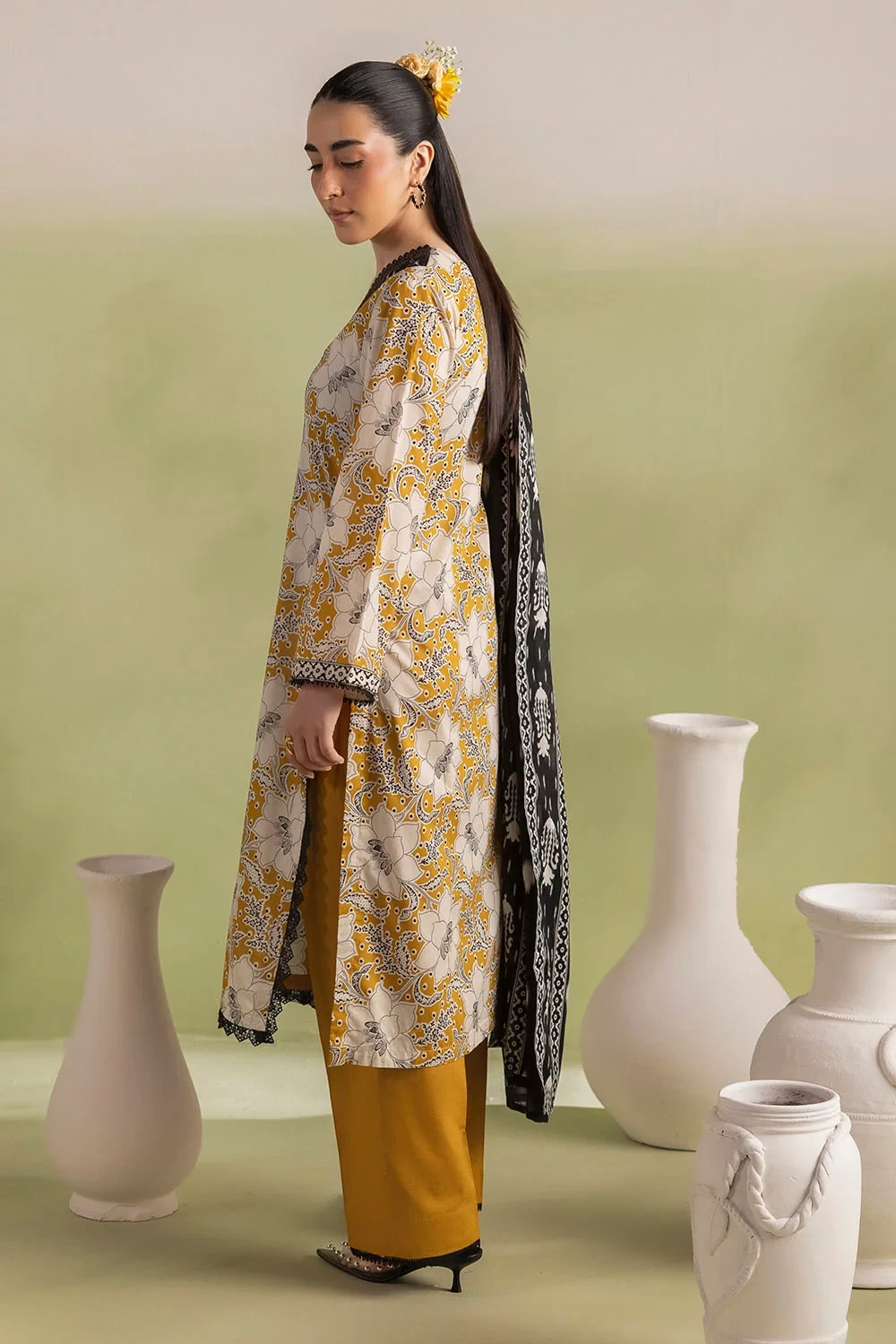 3 Piece Printed Lawn Suit with Embroidered Neckline and Printed Lawn Dupatta - C
