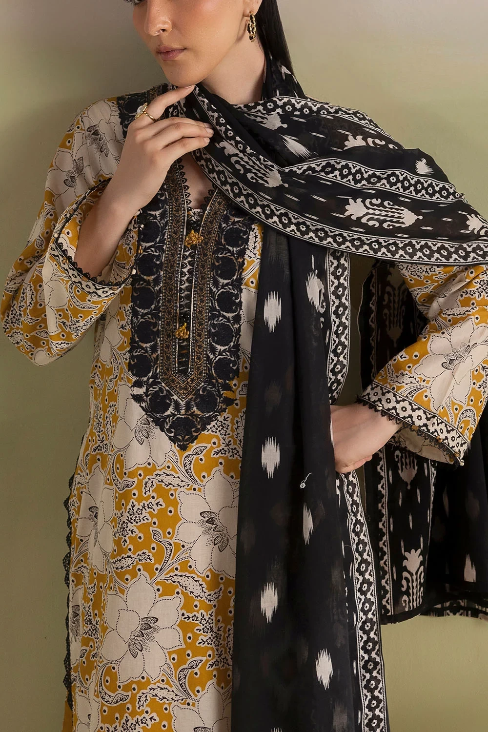 3 Piece Printed Lawn Suit with Embroidered Neckline and Printed Lawn Dupatta - C