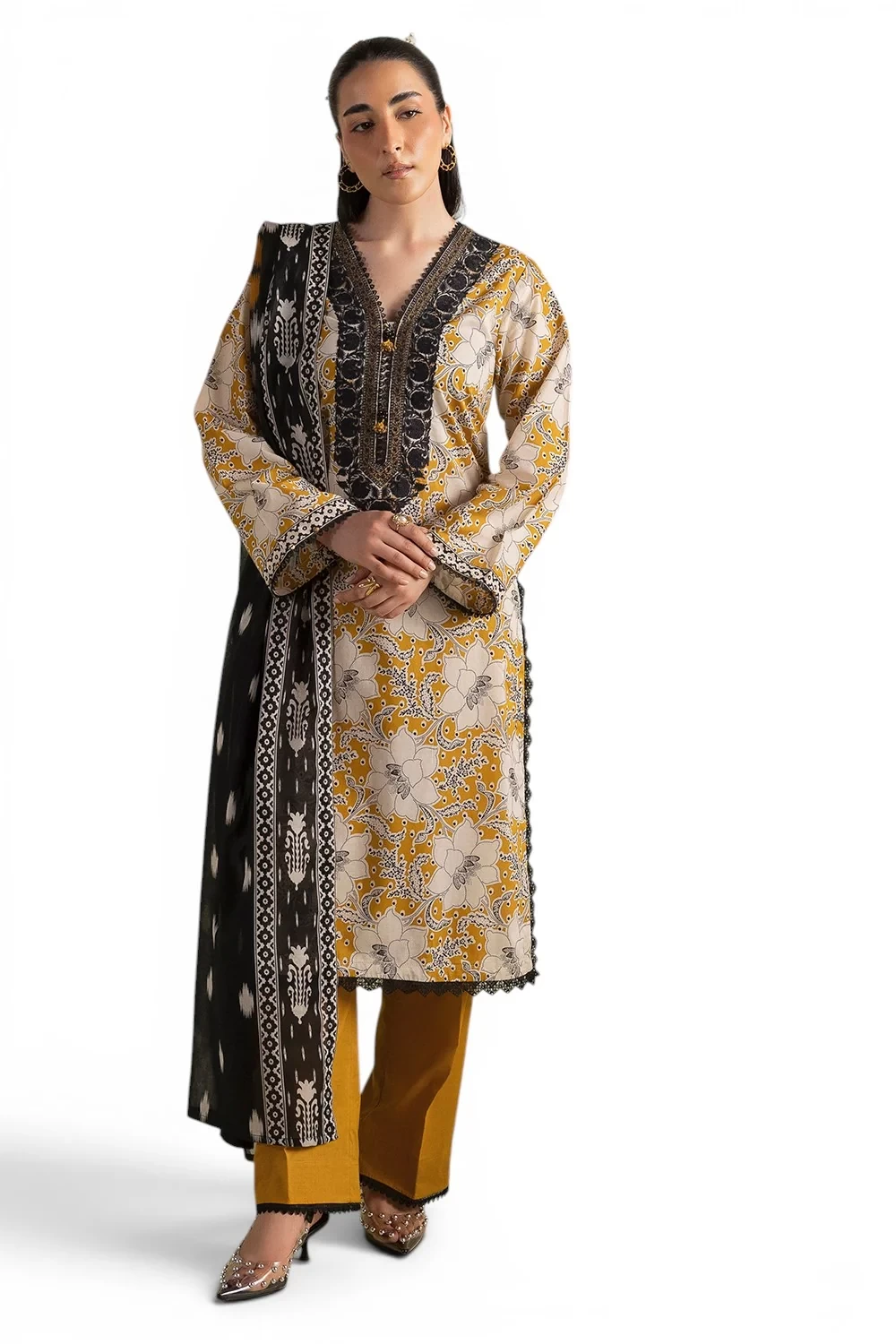 3 Piece Printed Lawn Suit with Embroidered Neckline and Printed Lawn Dupatta - C