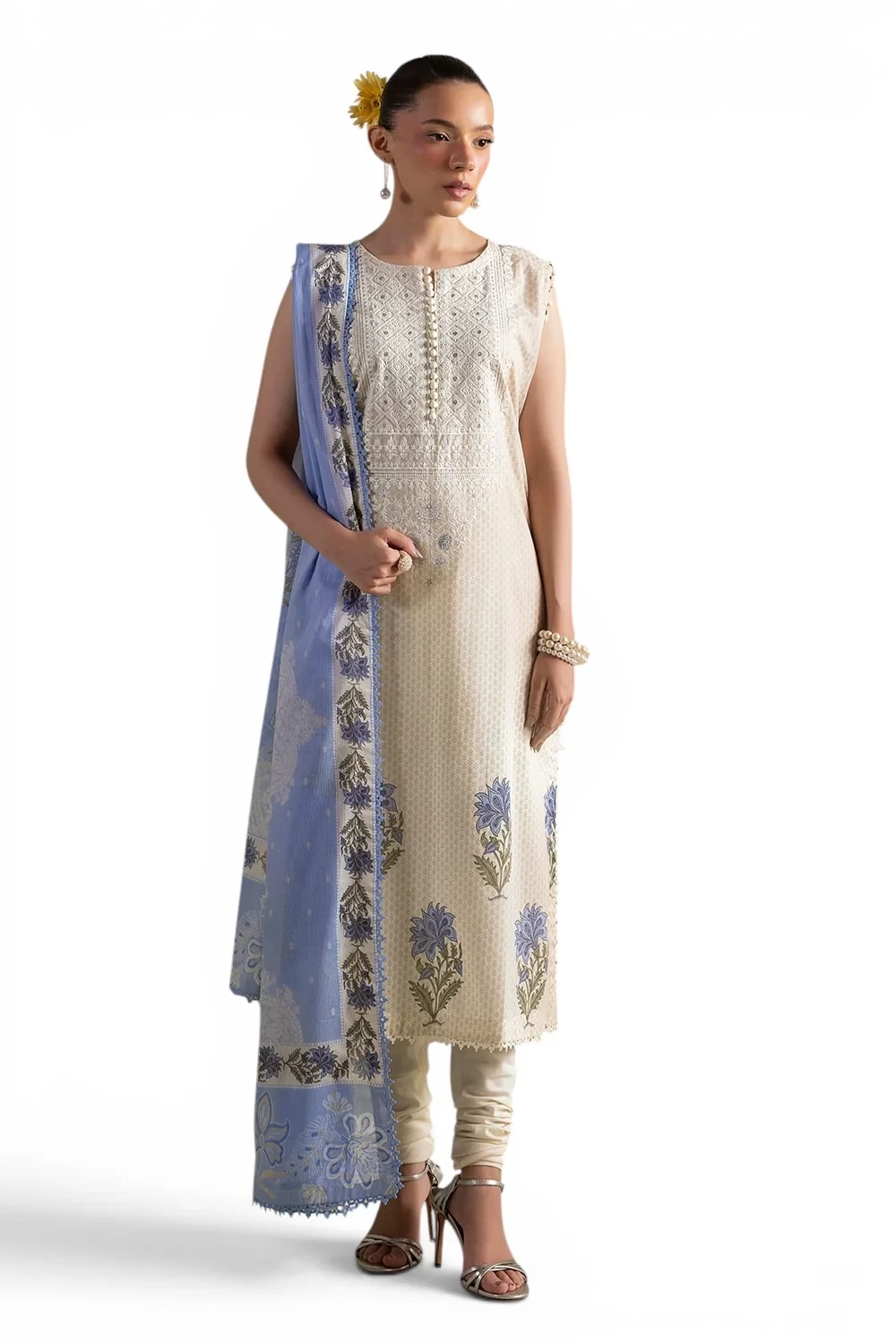 3 Piece Embroidered Printed Lawn Suit with Printed Denting Dupatta - DN-62049