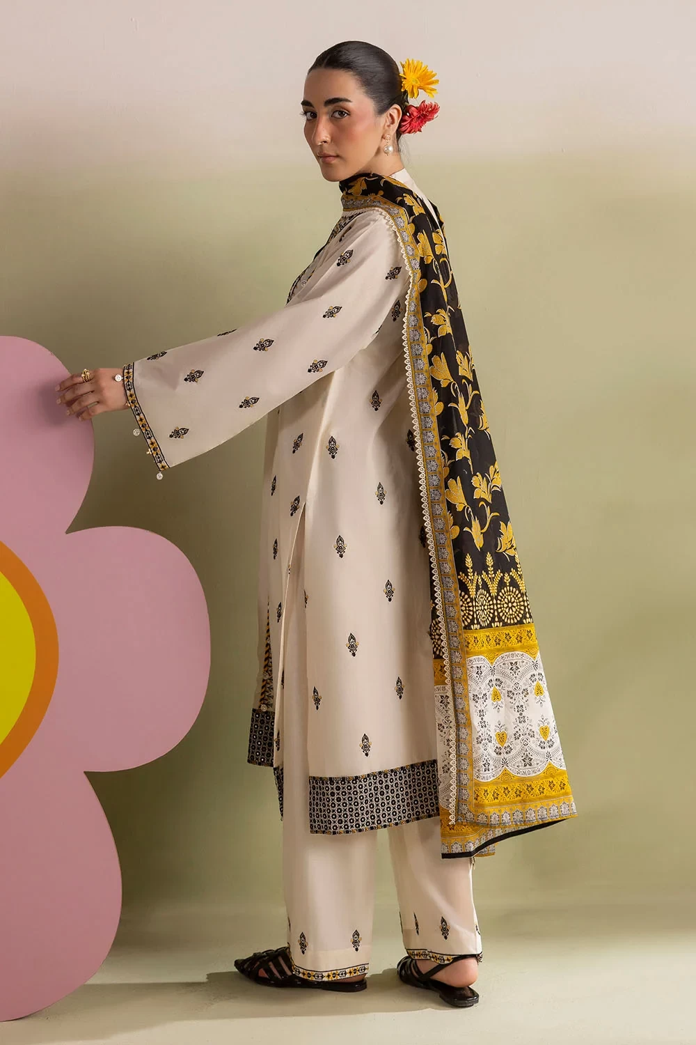 3 Piece Embroidered Lawn Suit with Embroidered Borders and Embroidered Trouser -