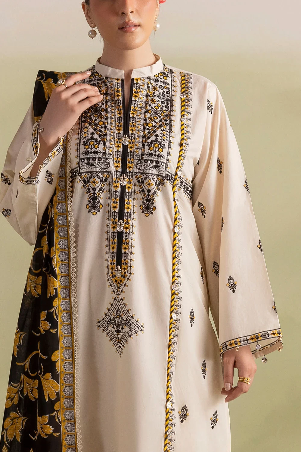 3 Piece Embroidered Lawn Suit with Embroidered Borders and Embroidered Trouser -