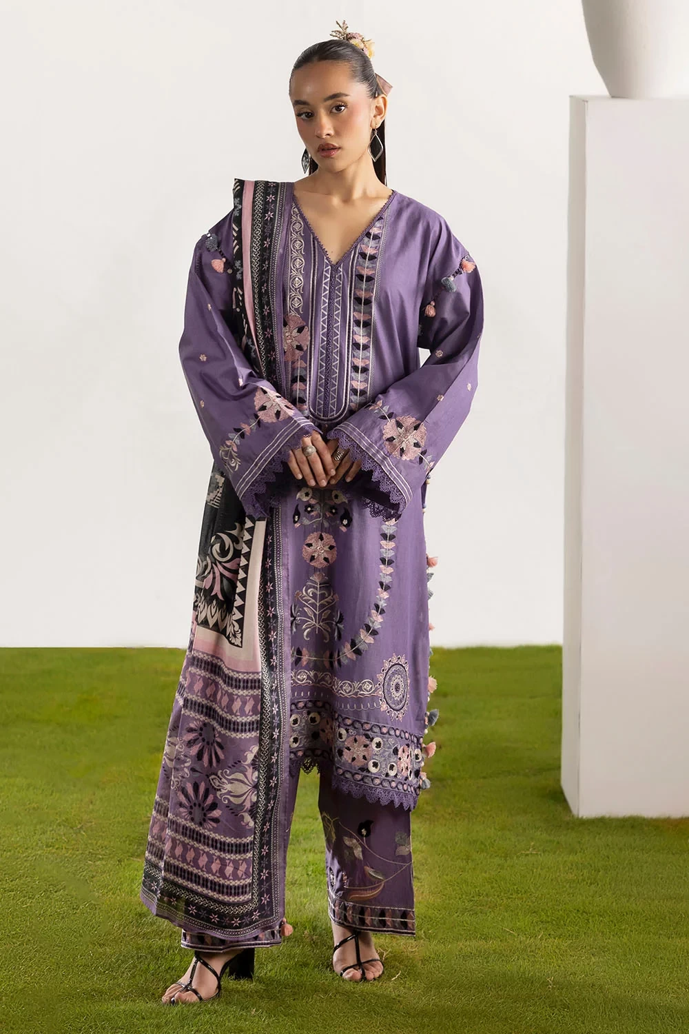 3 Piece Embroidered Lawn Suit with Embroidered Borders and Embroidered Trouser -
