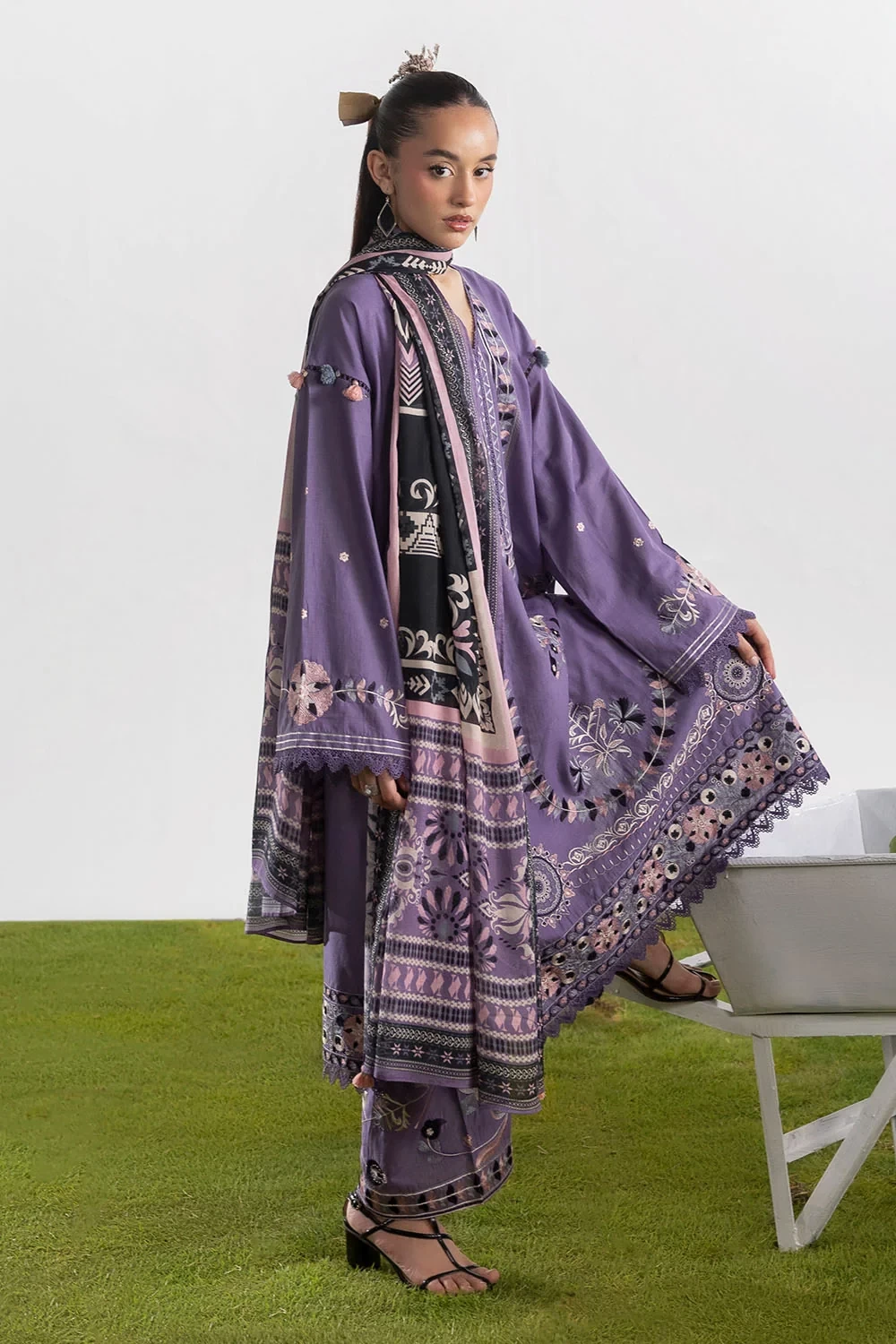 3 Piece Embroidered Lawn Suit with Embroidered Borders and Embroidered Trouser -