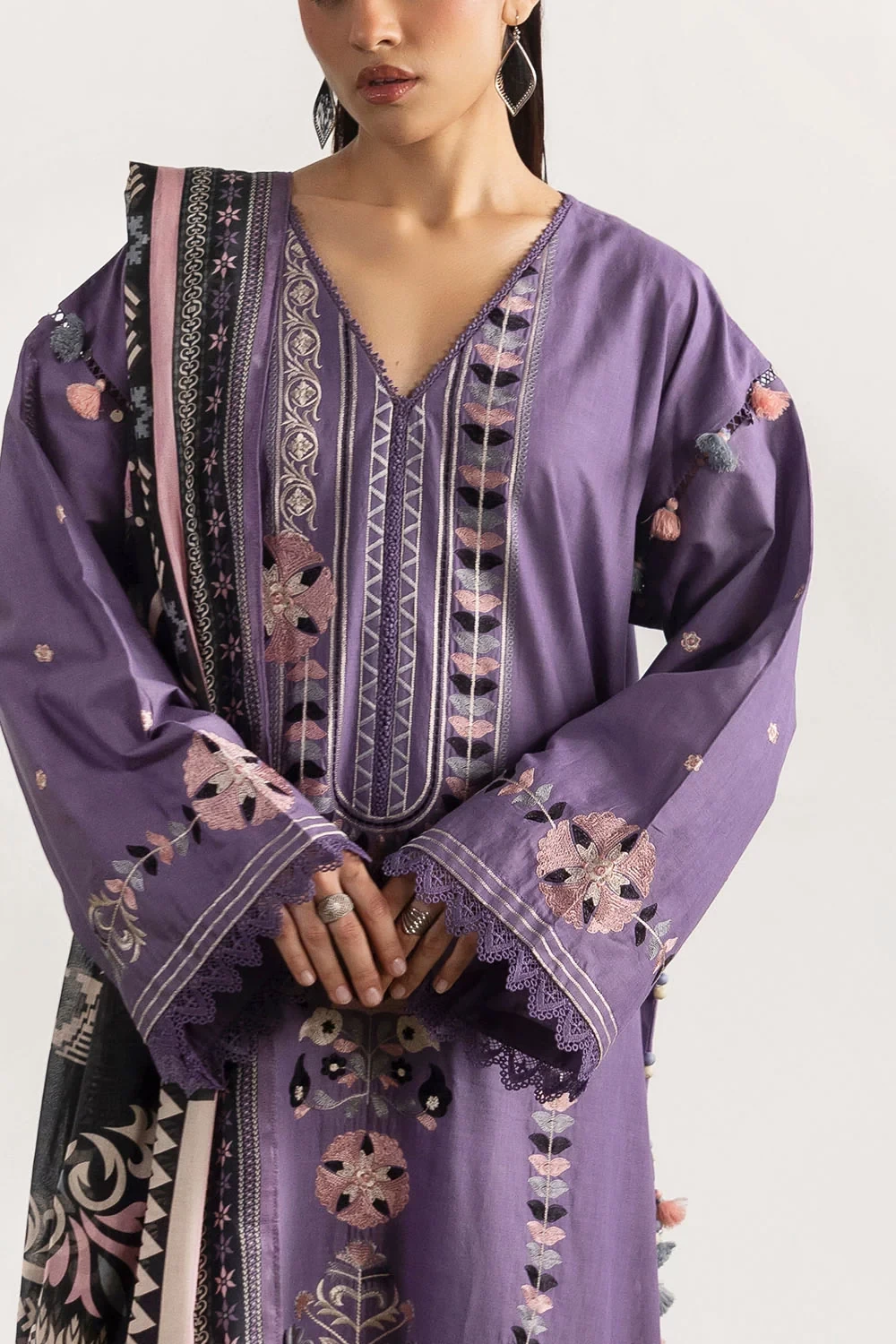 3 Piece Embroidered Lawn Suit with Embroidered Borders and Embroidered Trouser -
