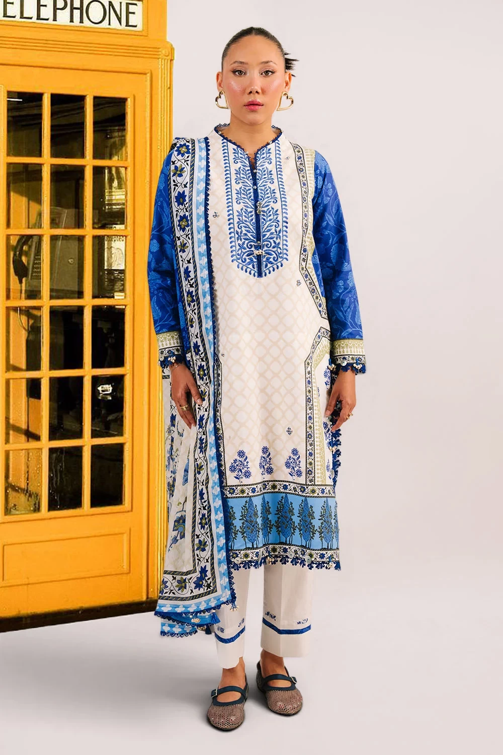 3 Piece Embroidered Printed Cotton Suit with Printed Denting Lawn Dupatta - W-FB