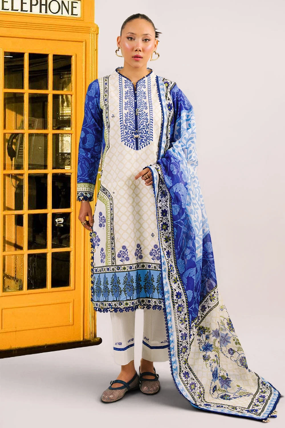 3 Piece Embroidered Printed Cotton Suit with Printed Denting Lawn Dupatta - W-FB