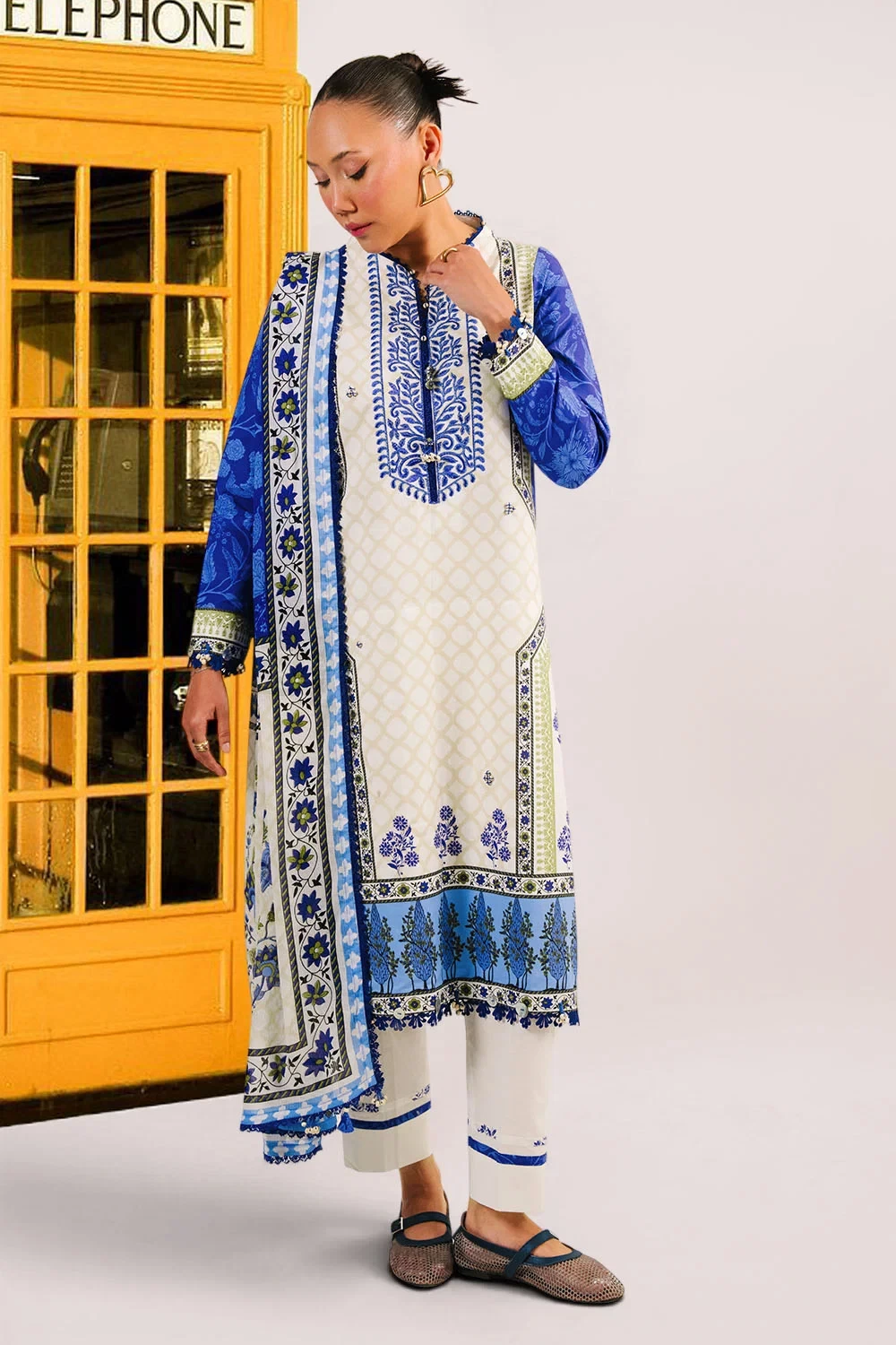 3 Piece Embroidered Printed Cotton Suit with Printed Denting Lawn Dupatta - W-FB